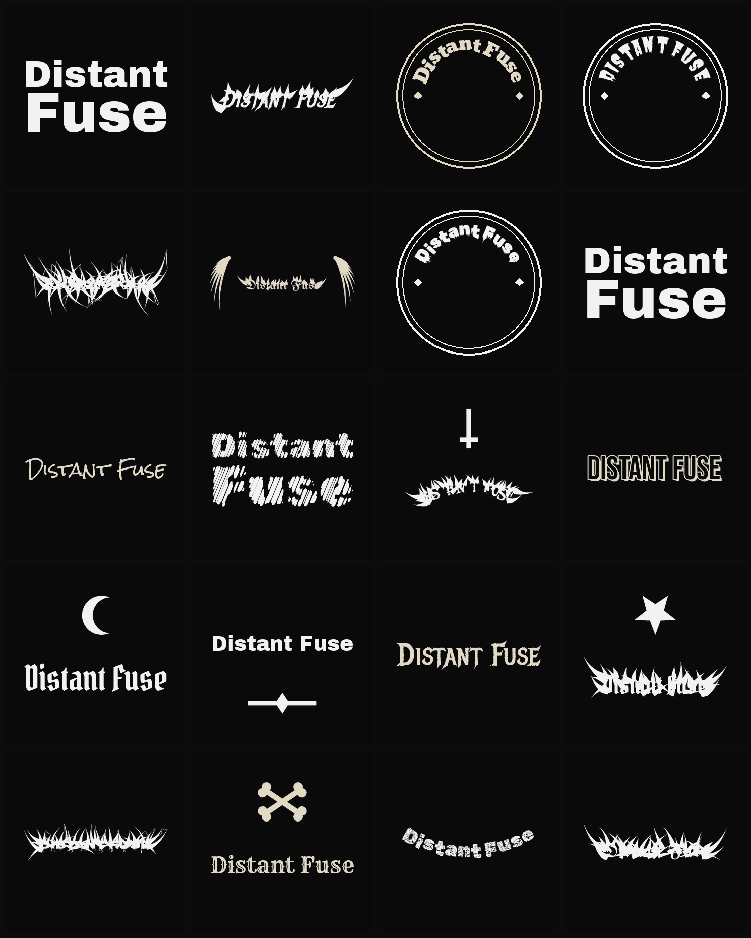 Twenty Distant Fuse band logo ideas — different faces, treatments and spike settings