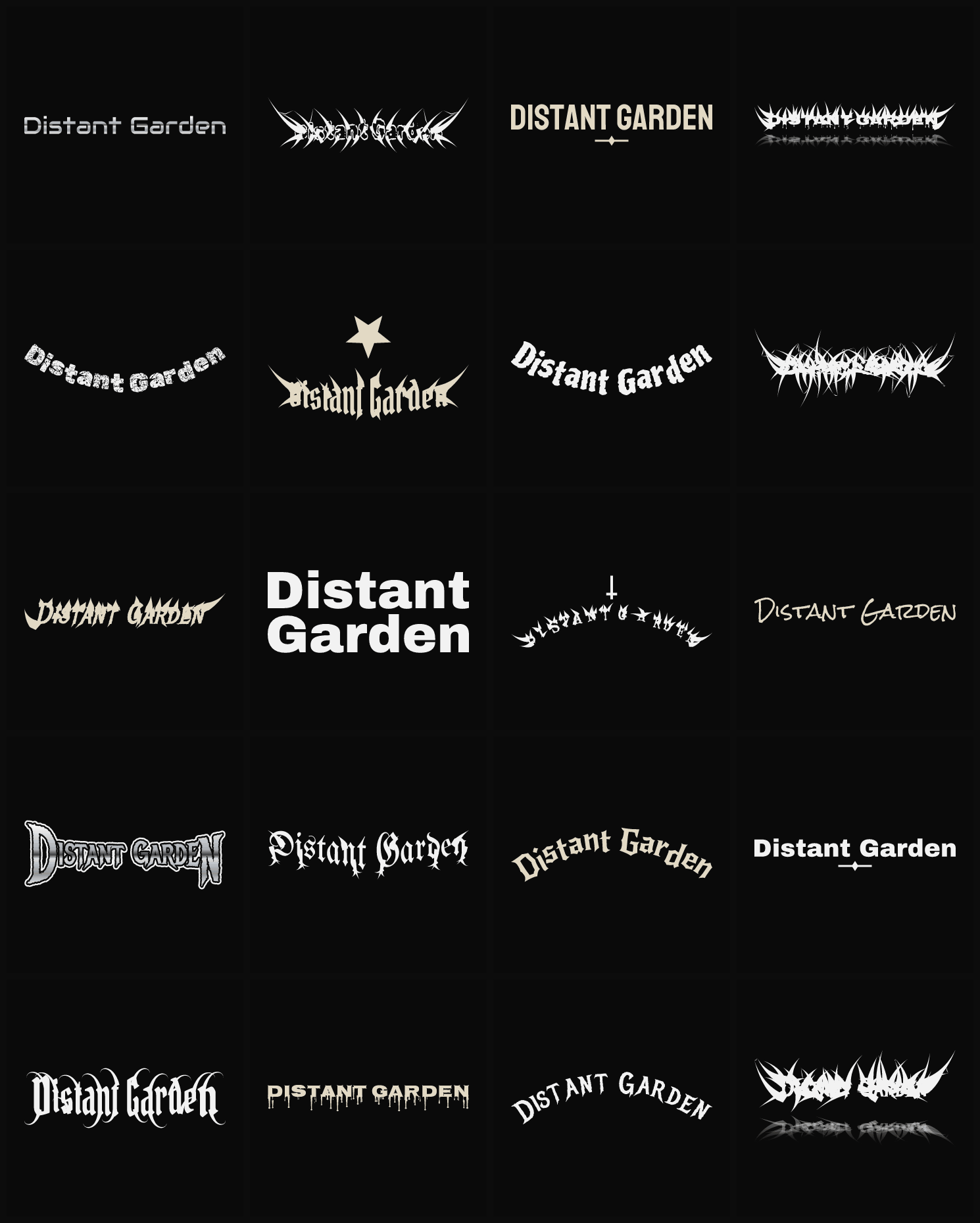 Twenty Distant Garden band logo ideas — different faces, treatments and spike settings