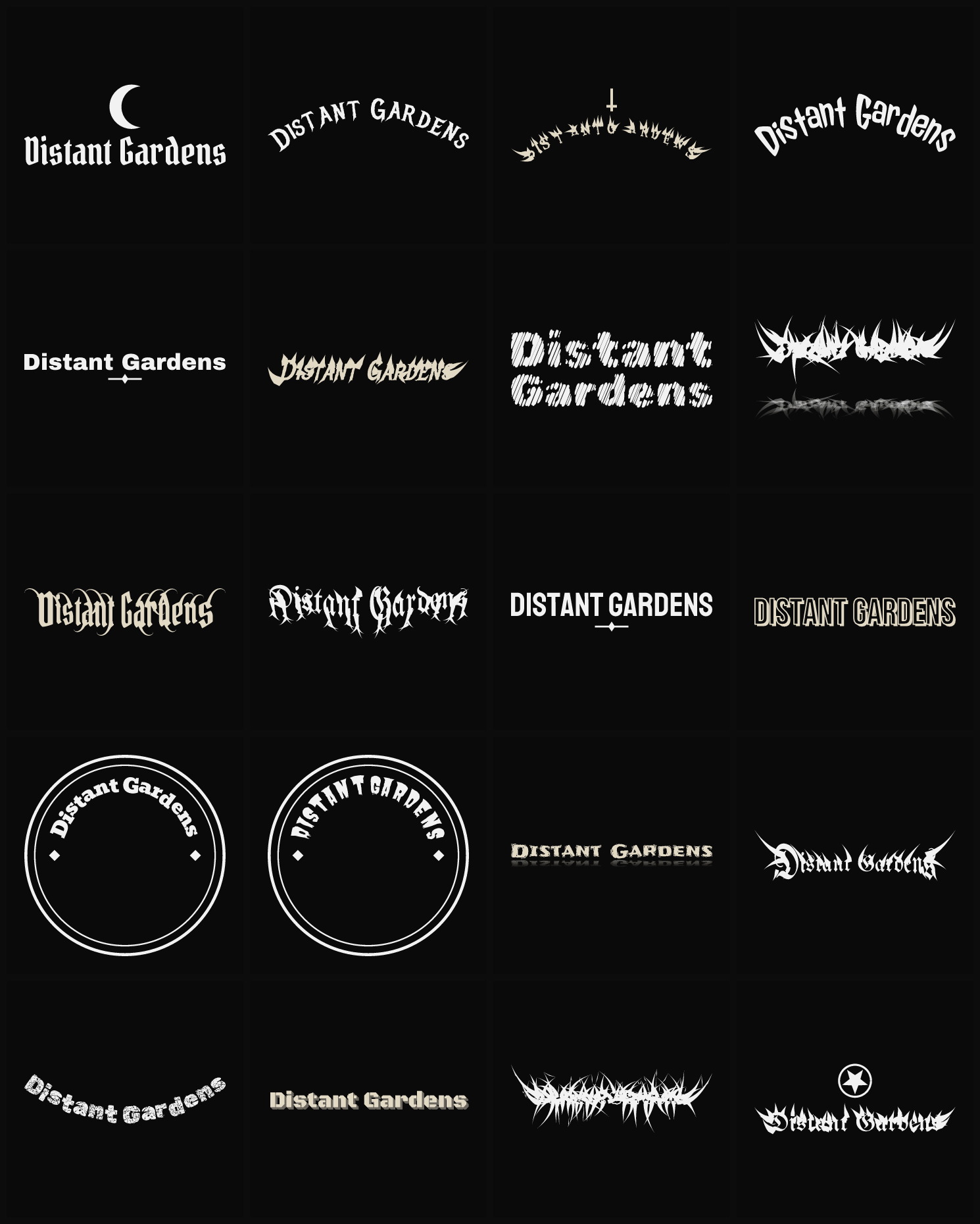Twenty Distant Gardens band logo ideas — different faces, treatments and spike settings
