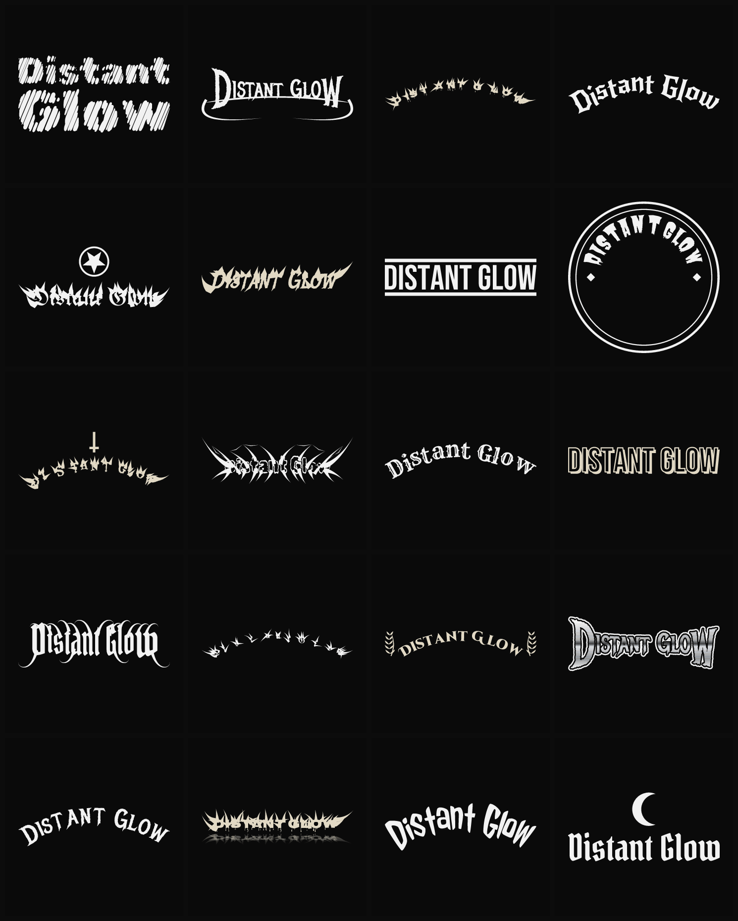 Twenty Distant Glow band logo ideas — different faces, treatments and spike settings