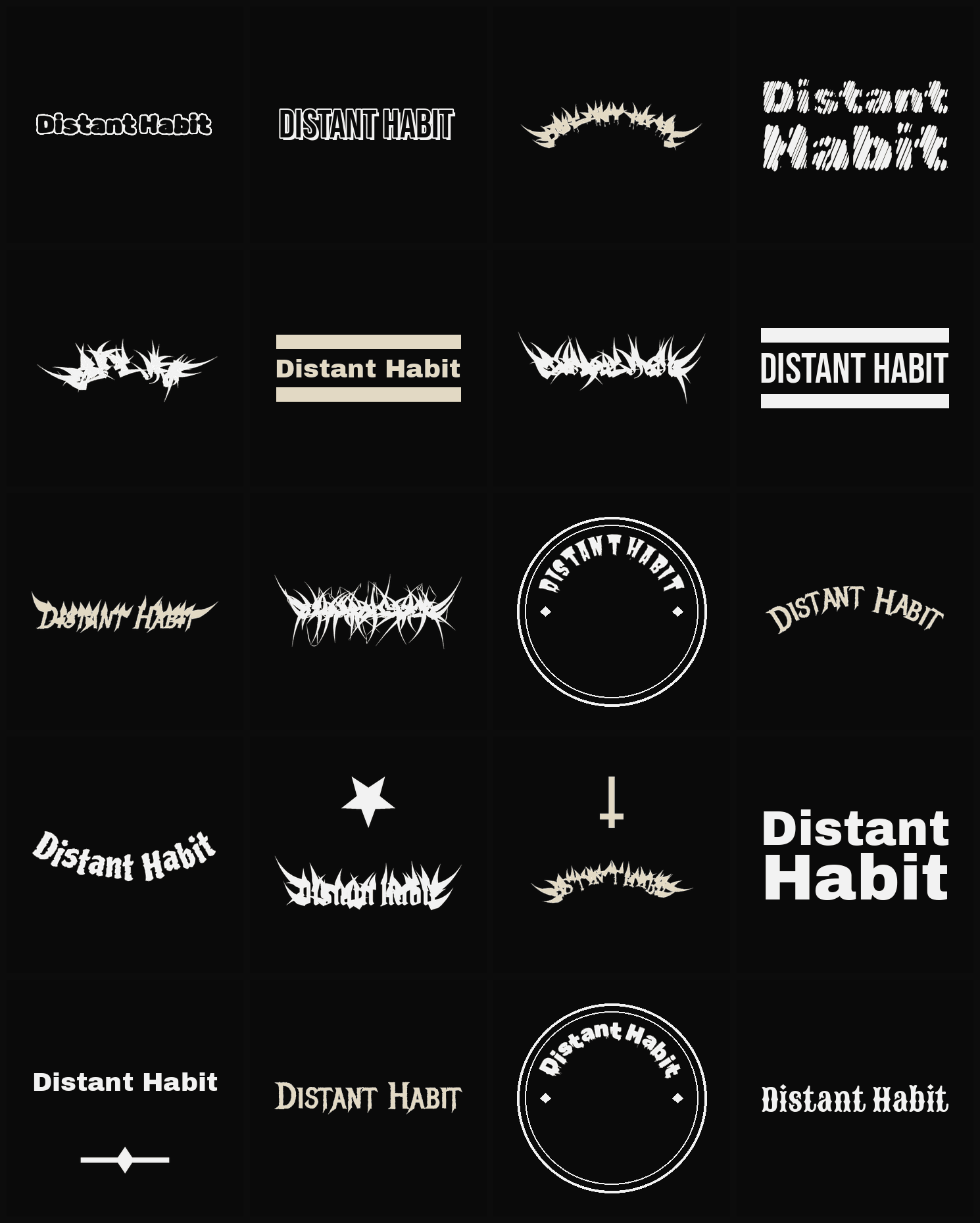 Twenty Distant Habit band logo ideas — different faces, treatments and spike settings