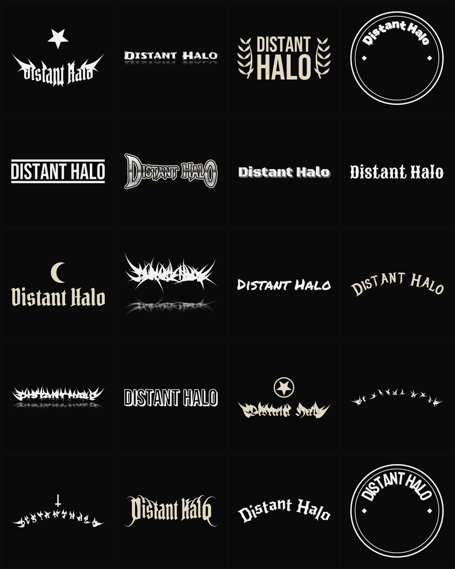 Twenty Distant Halo band logo ideas — different faces, treatments and spike settings
