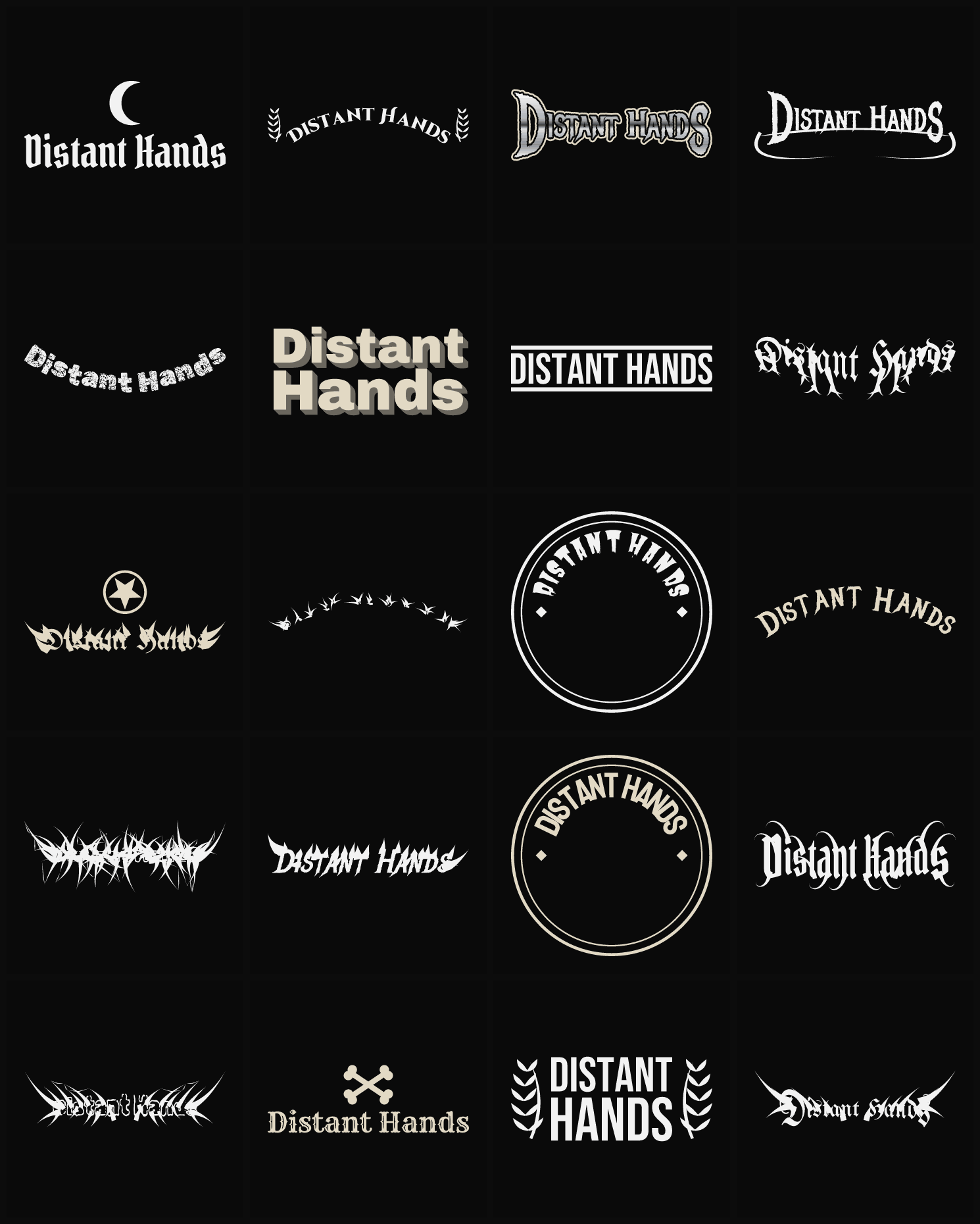 Twenty Distant Hands band logo ideas — different faces, treatments and spike settings