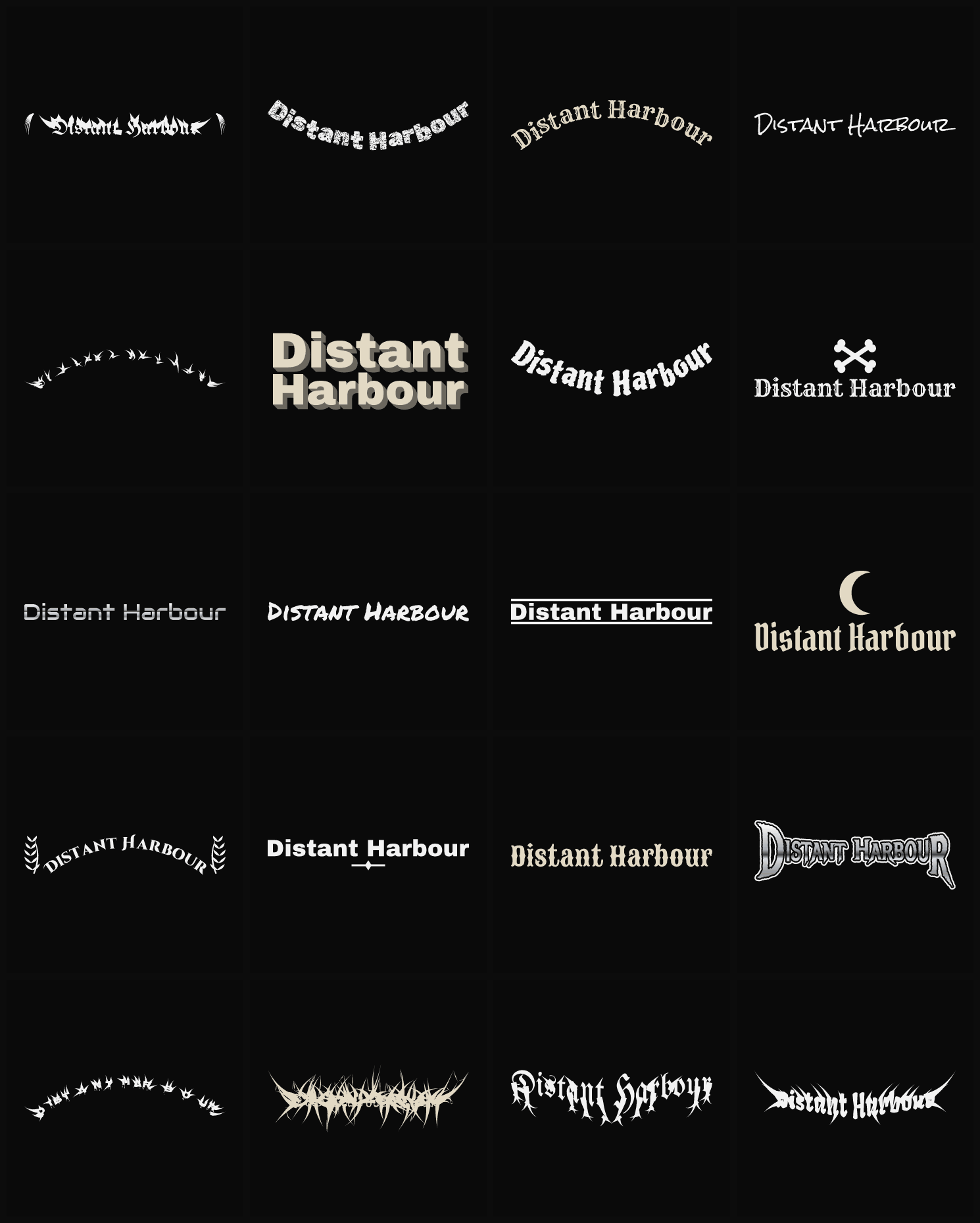 Twenty Distant Harbour band logo ideas — different faces, treatments and spike settings