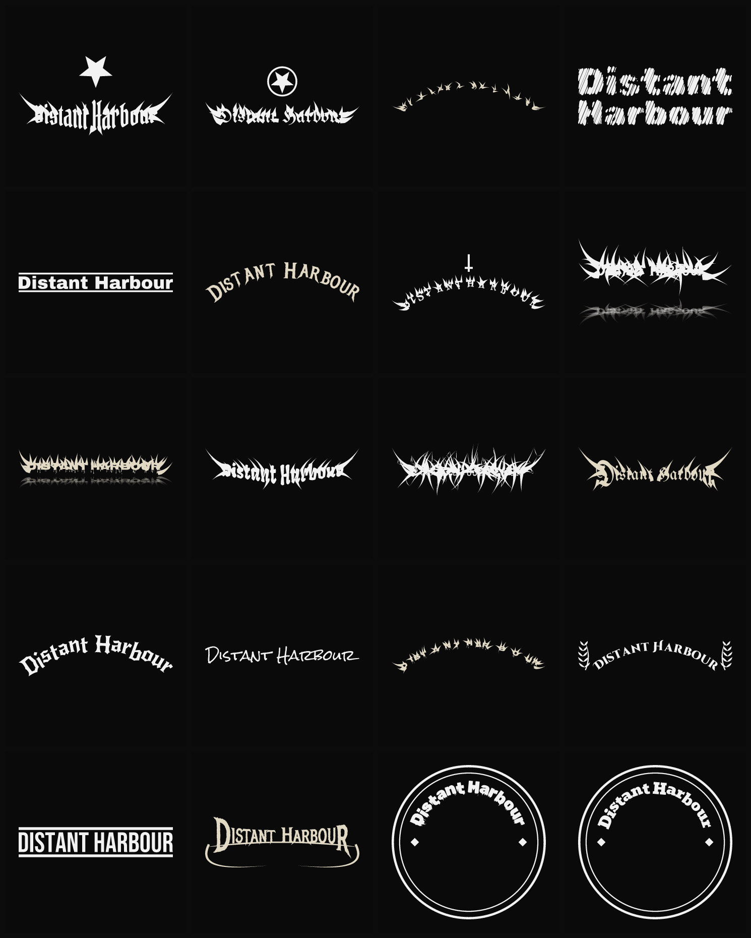 Twenty Distant Harbour band logo ideas — different faces, treatments and spike settings