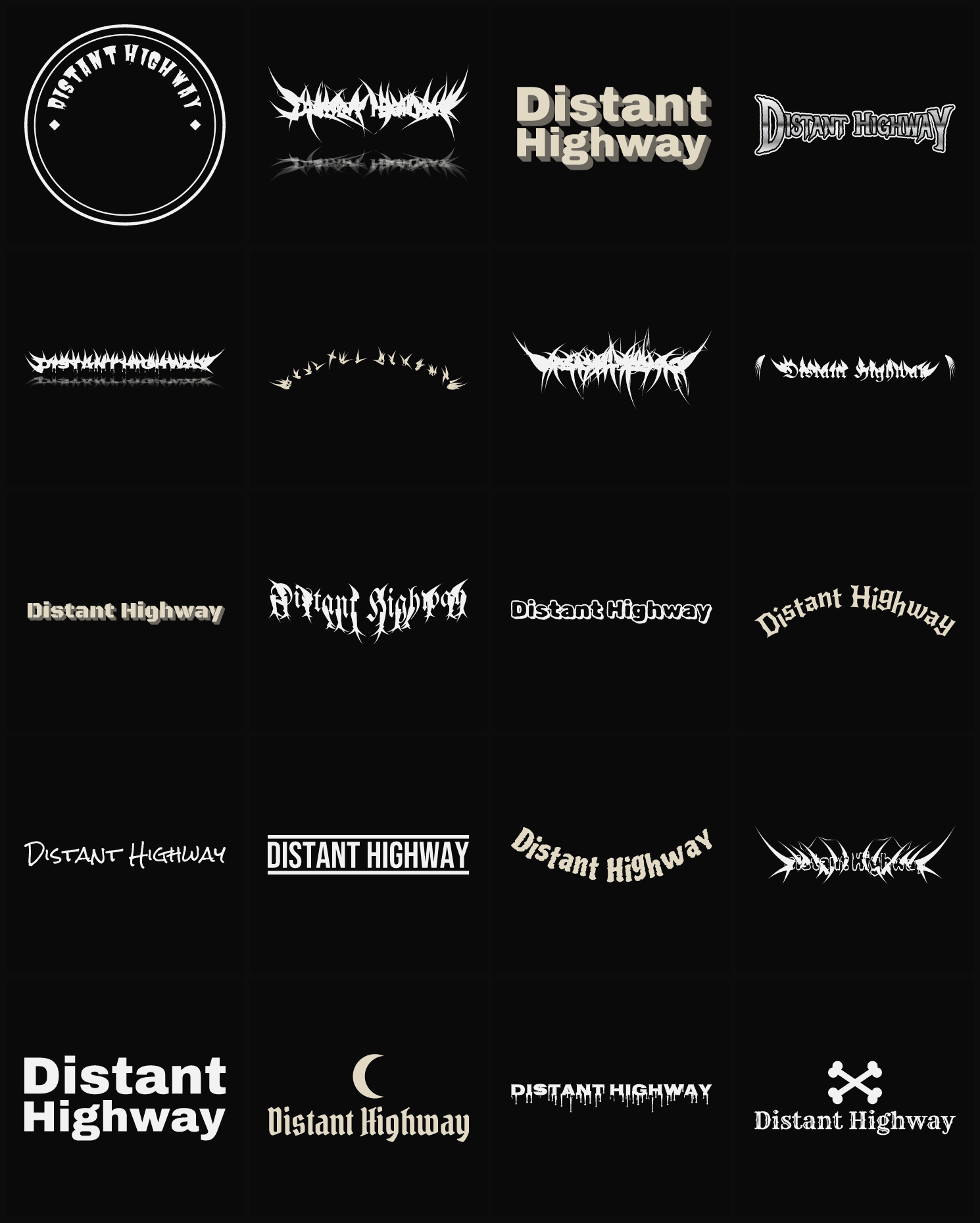 Twenty Distant Highway band logo ideas — different faces, treatments and spike settings