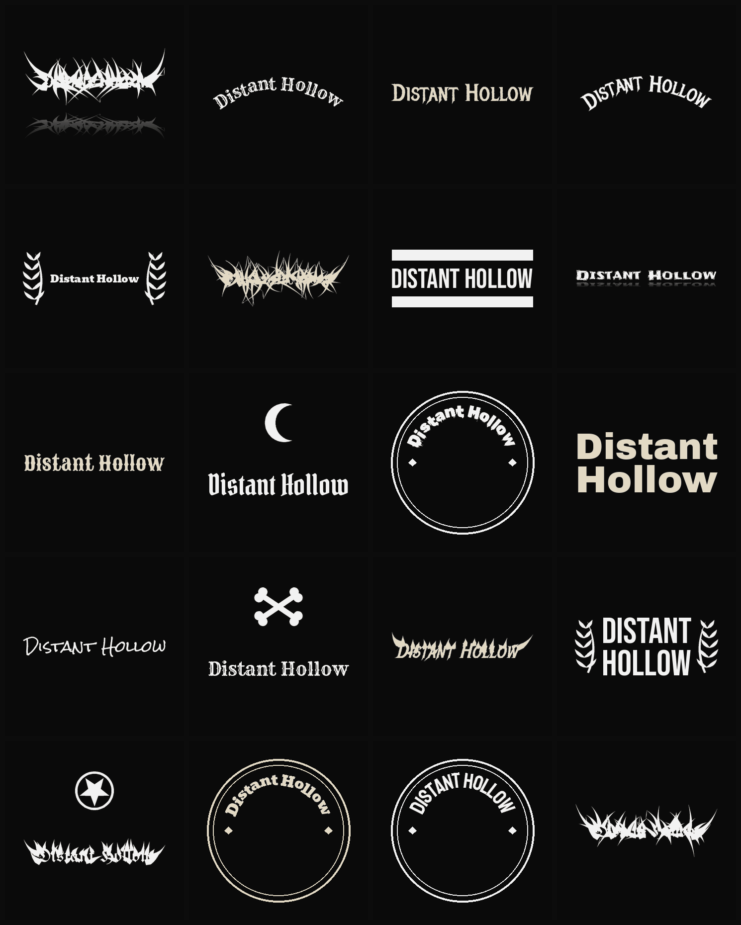 Twenty Distant Hollow band logo ideas — different faces, treatments and spike settings