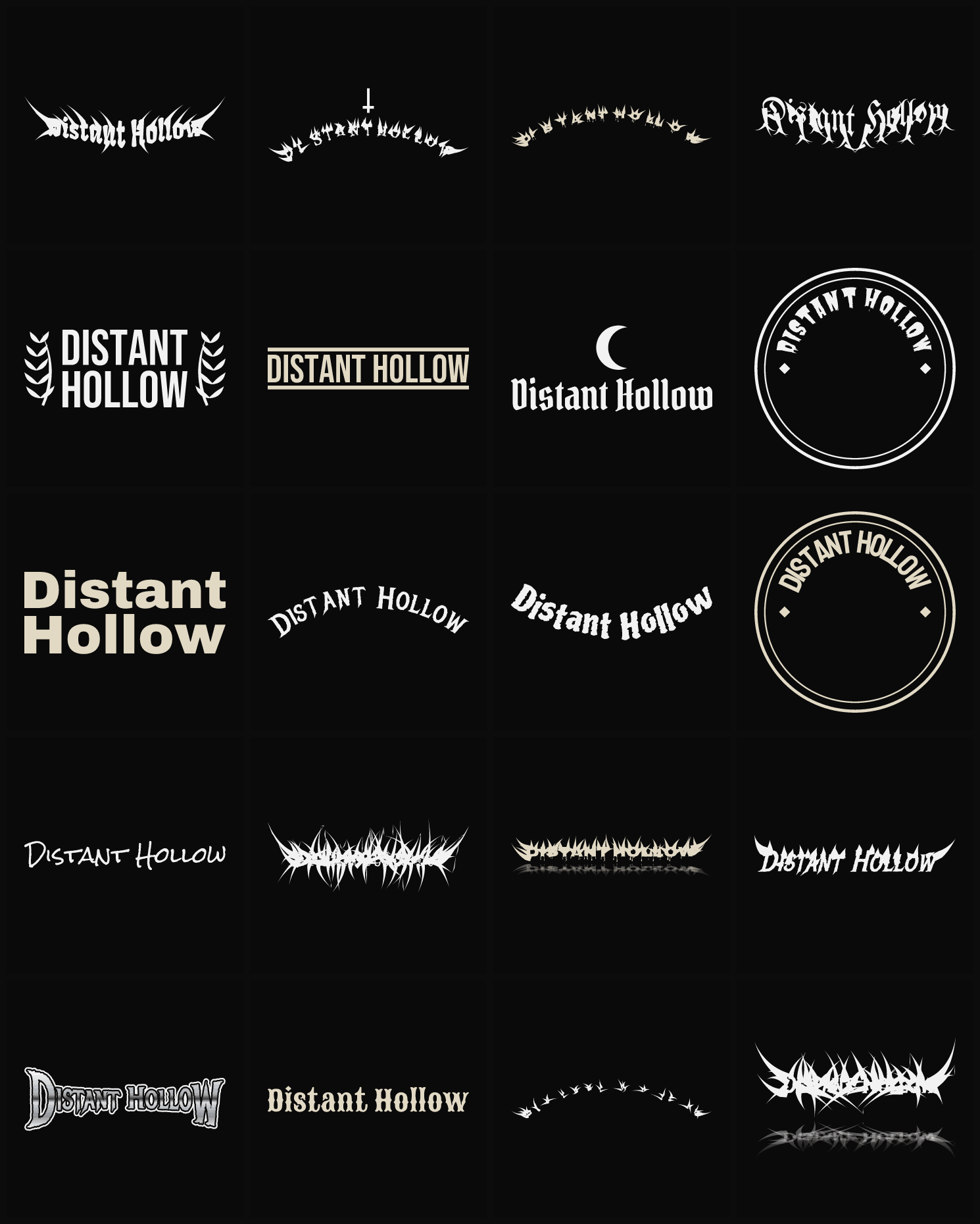 Twenty Distant Hollow band logo ideas — different faces, treatments and spike settings