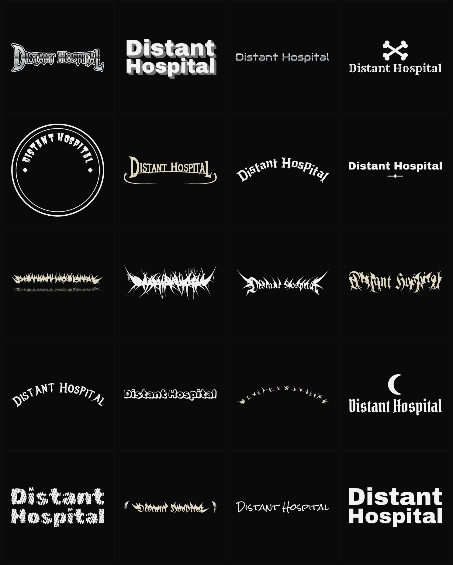 Twenty Distant Hospital band logo ideas — different faces, treatments and spike settings
