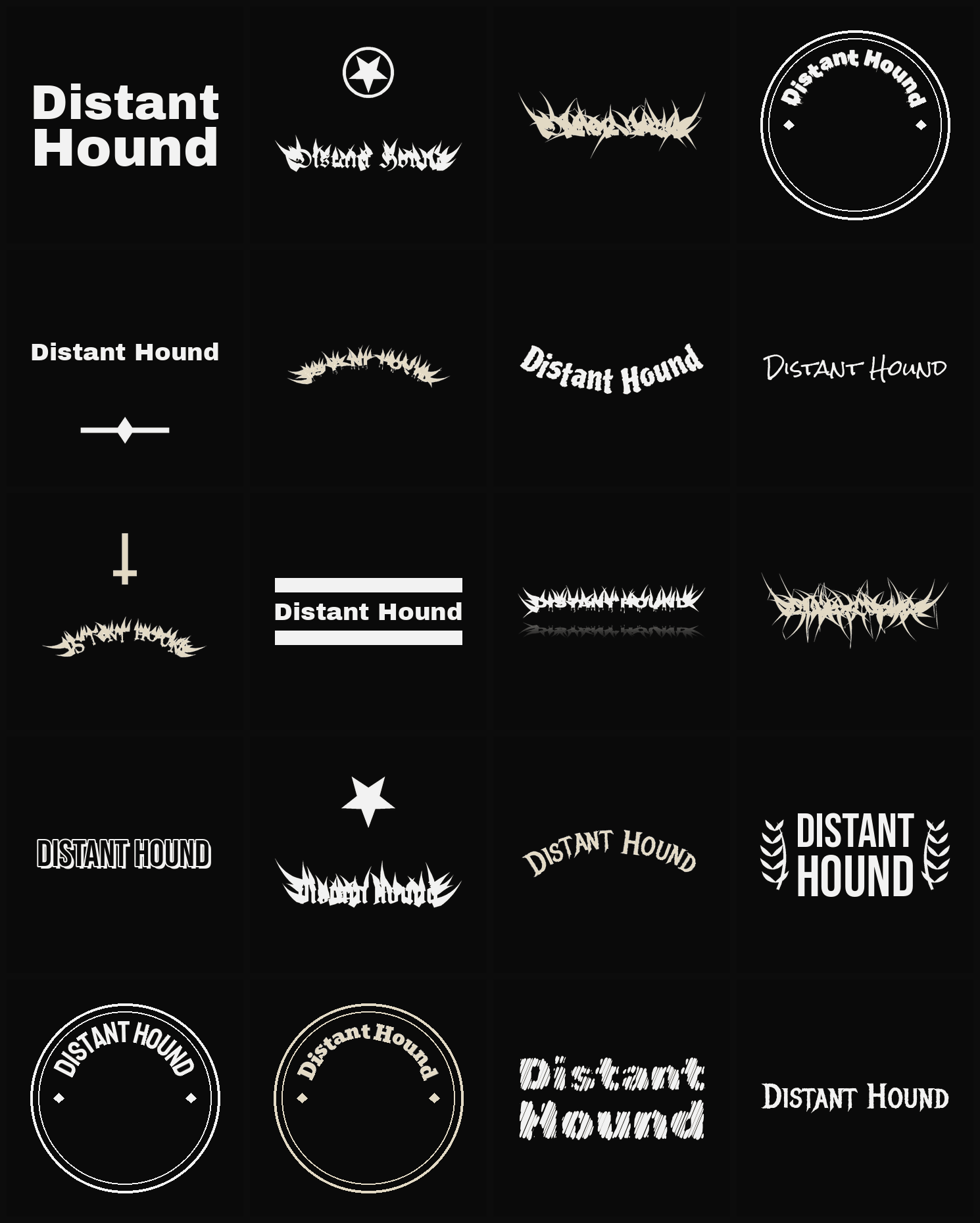 Twenty Distant Hound band logo ideas — different faces, treatments and spike settings