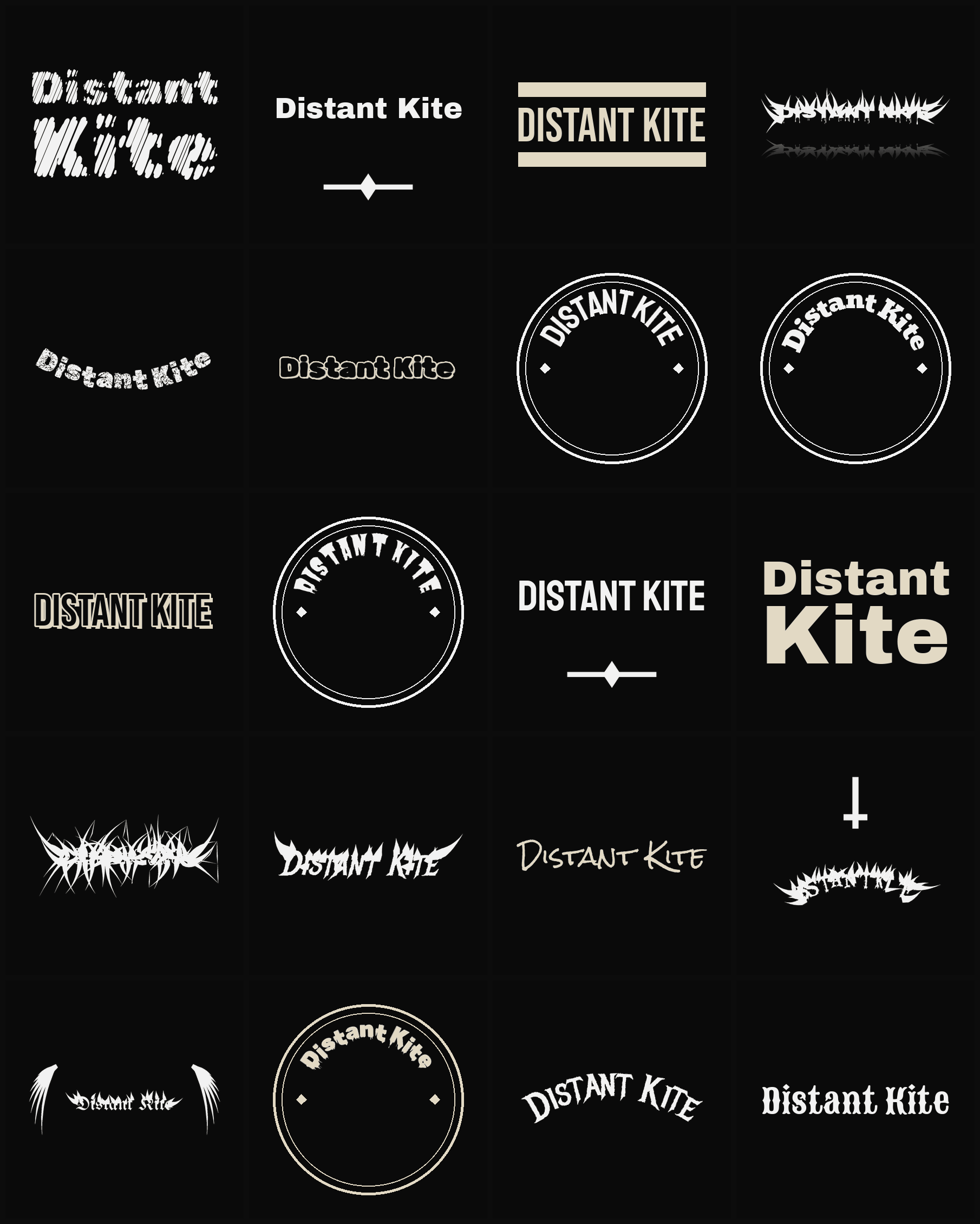 Twenty Distant Kite band logo ideas — different faces, treatments and spike settings
