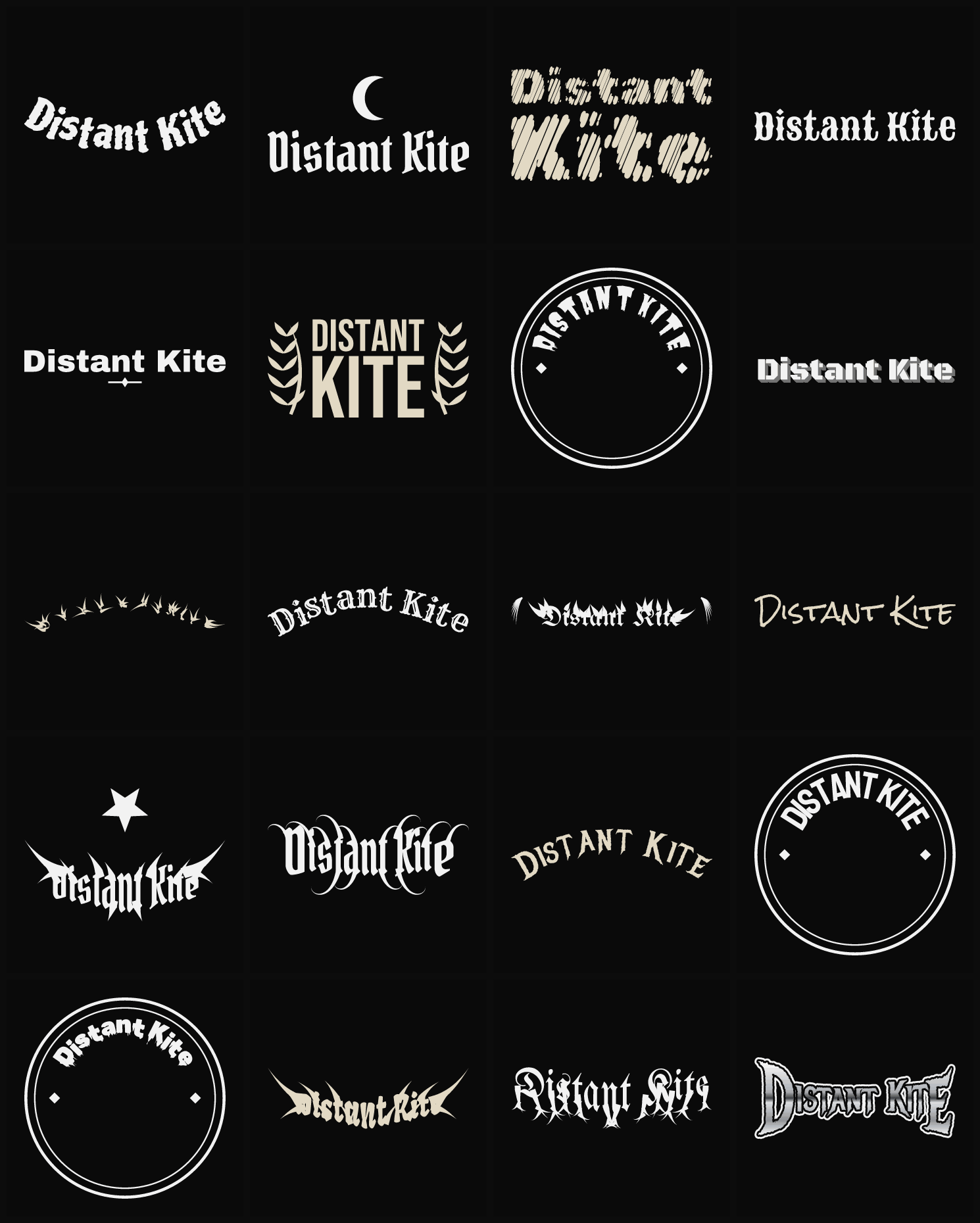 Twenty Distant Kite band logo ideas — different faces, treatments and spike settings