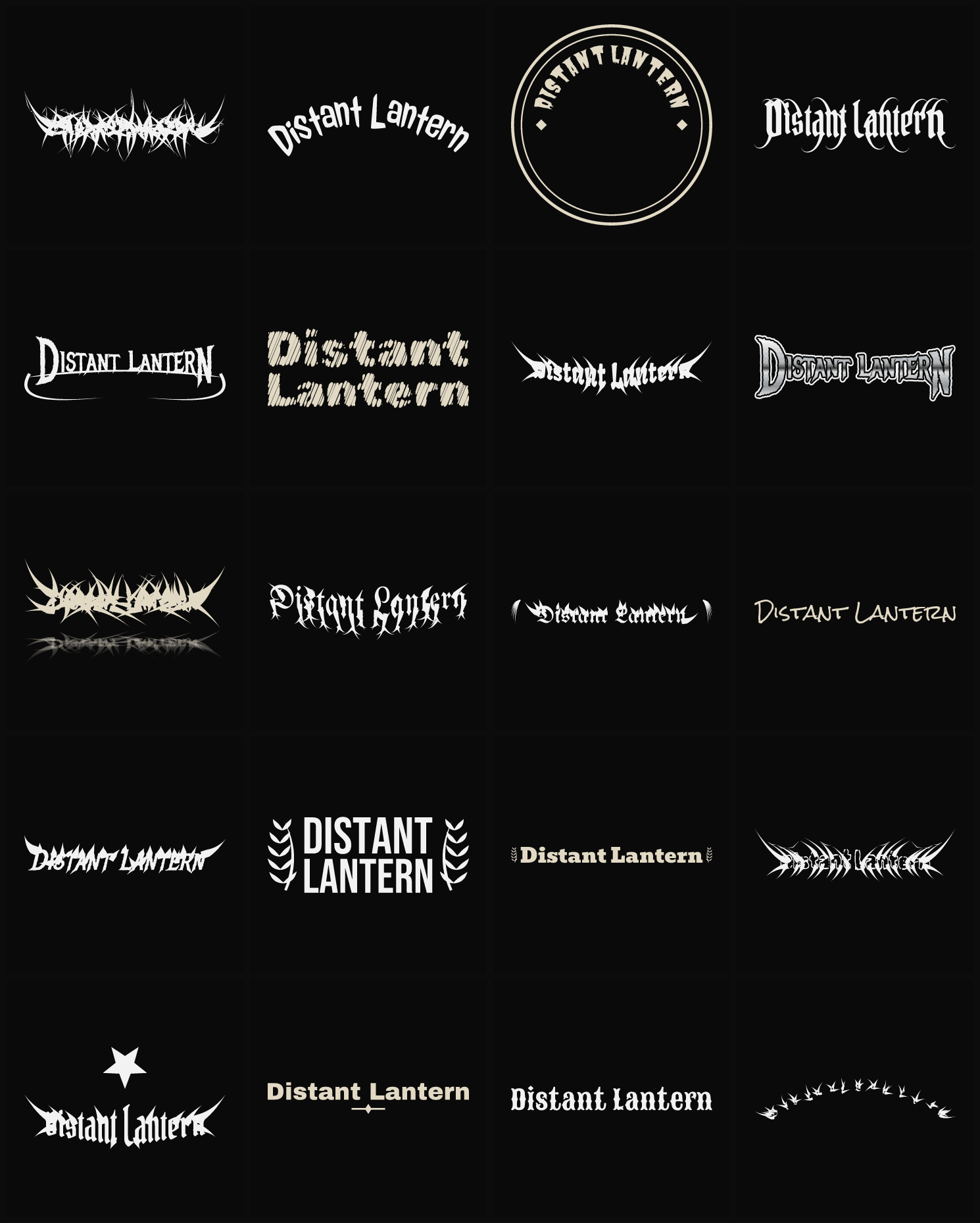 Twenty Distant Lantern band logo ideas — different faces, treatments and spike settings
