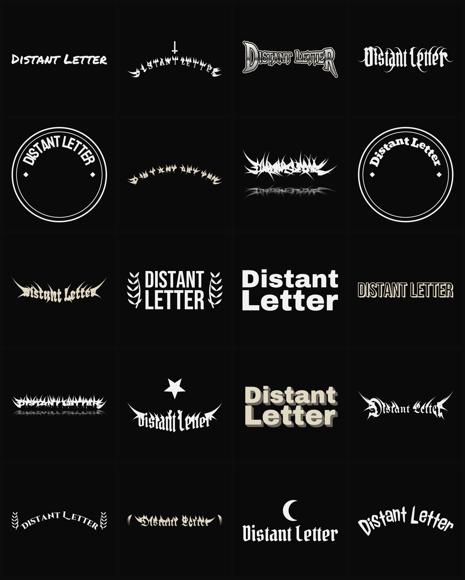 Twenty Distant Letter band logo ideas — different faces, treatments and spike settings