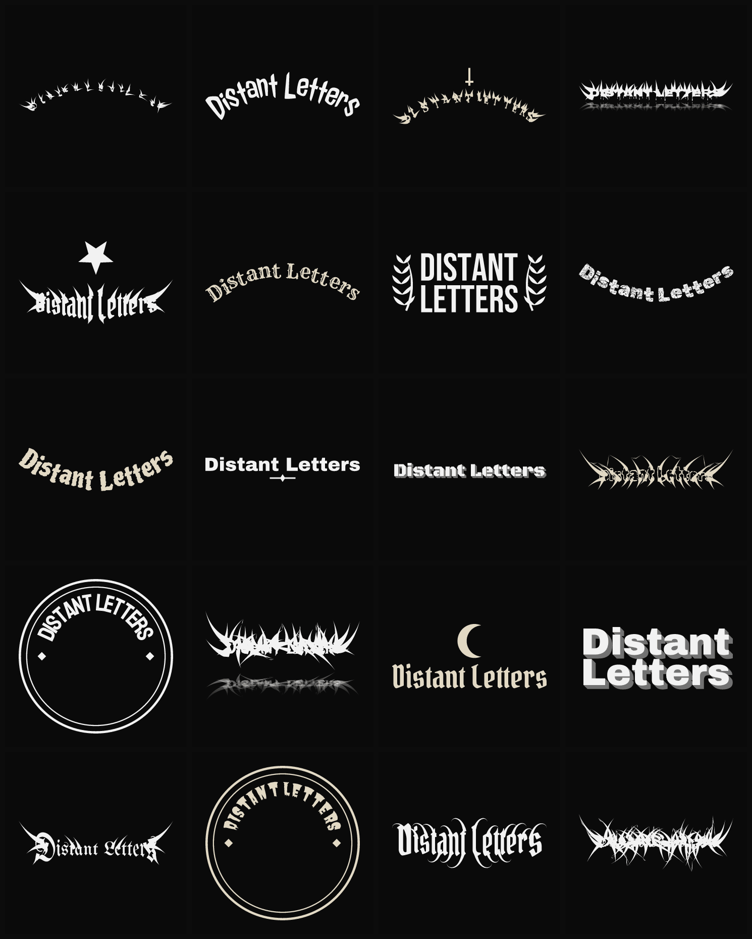 Twenty Distant Letters band logo ideas — different faces, treatments and spike settings