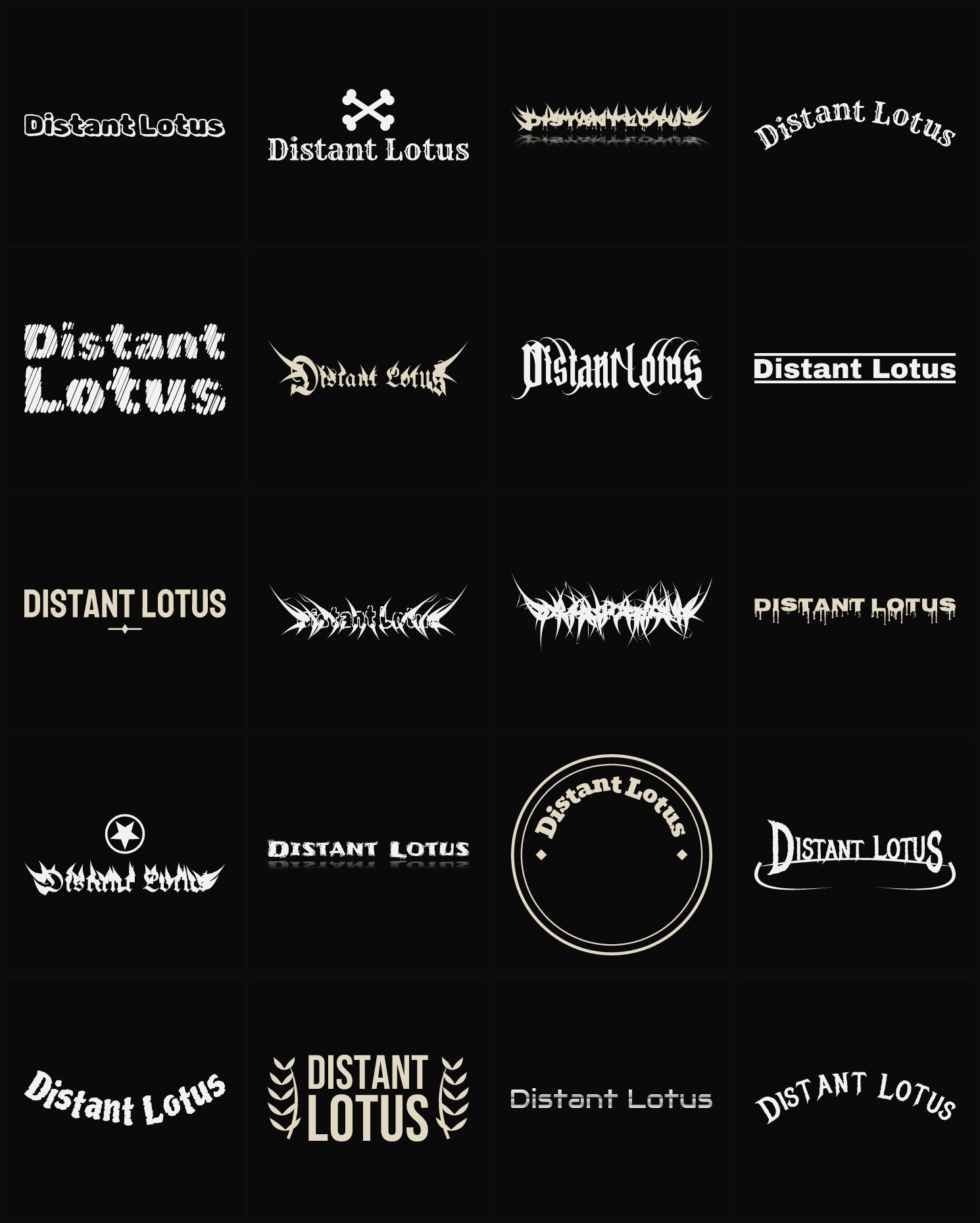 Twenty Distant Lotus band logo ideas — different faces, treatments and spike settings