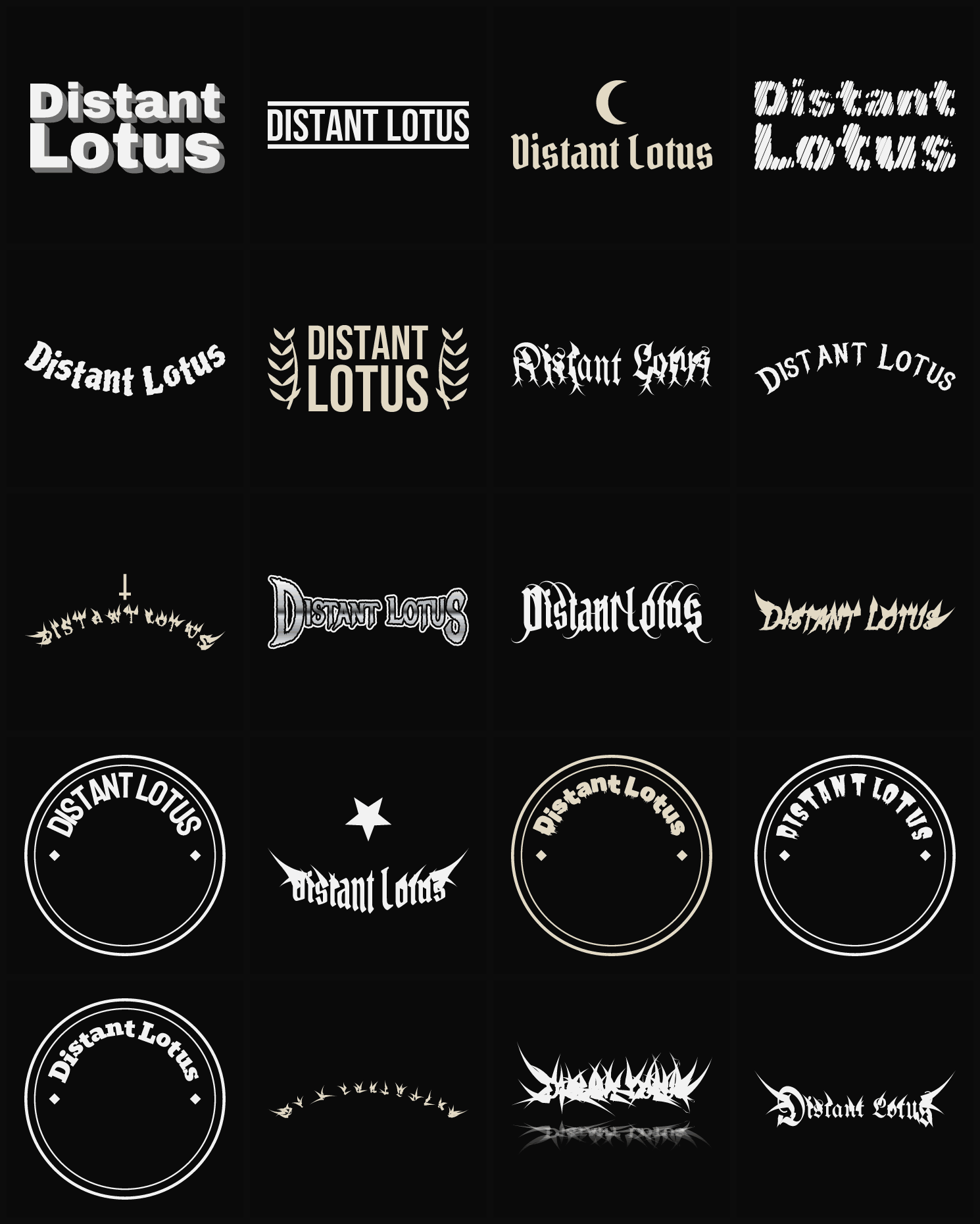 Twenty Distant Lotus band logo ideas — different faces, treatments and spike settings