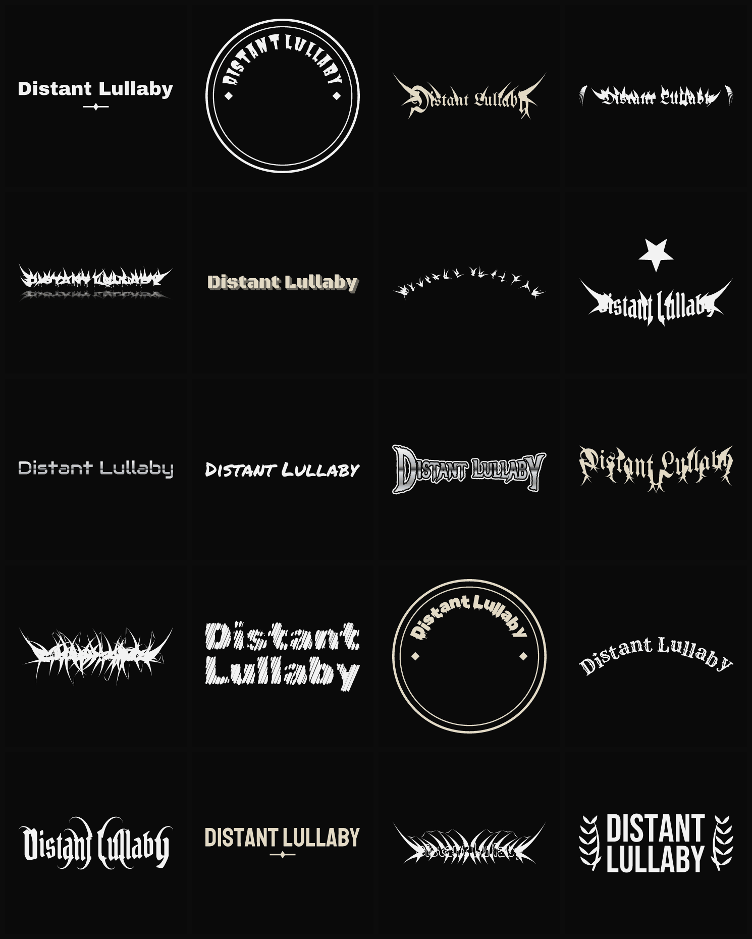 Twenty Distant Lullaby band logo ideas — different faces, treatments and spike settings