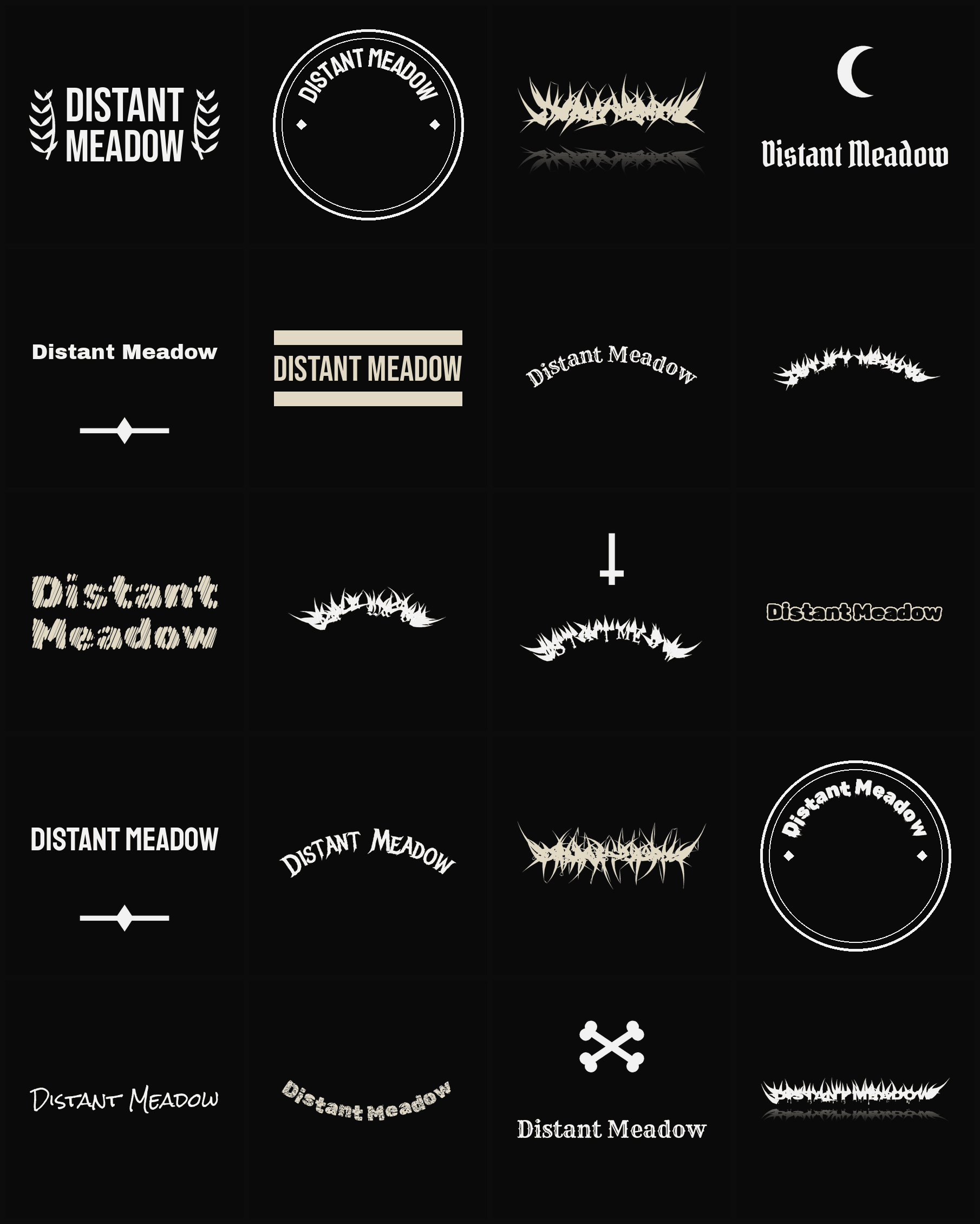 Twenty Distant Meadow band logo ideas — different faces, treatments and spike settings