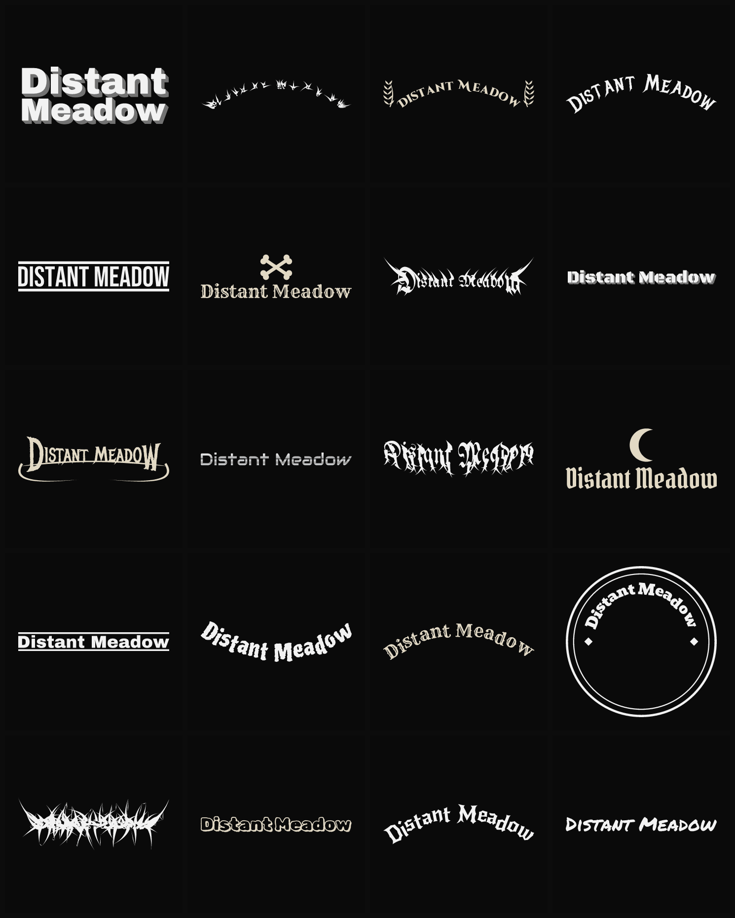 Twenty Distant Meadow band logo ideas — different faces, treatments and spike settings