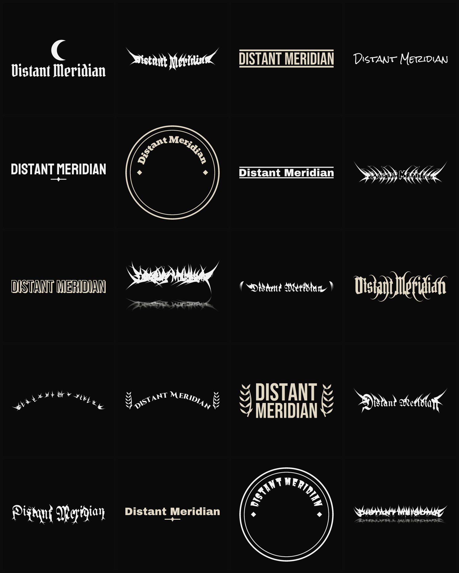 Twenty Distant Meridian band logo ideas — different faces, treatments and spike settings