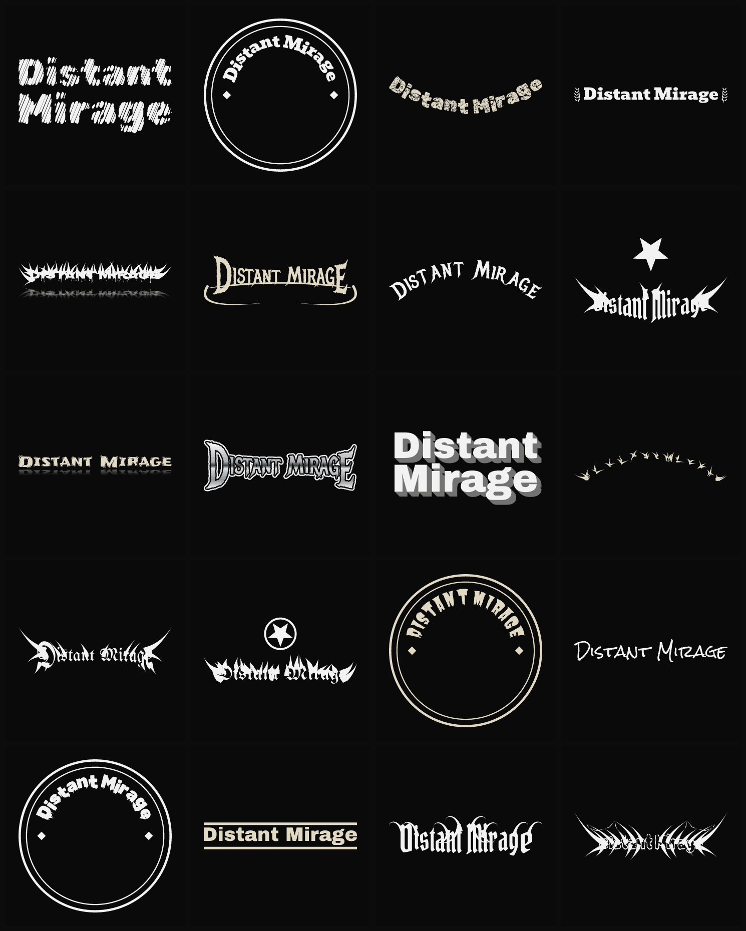 Twenty Distant Mirage band logo ideas — different faces, treatments and spike settings