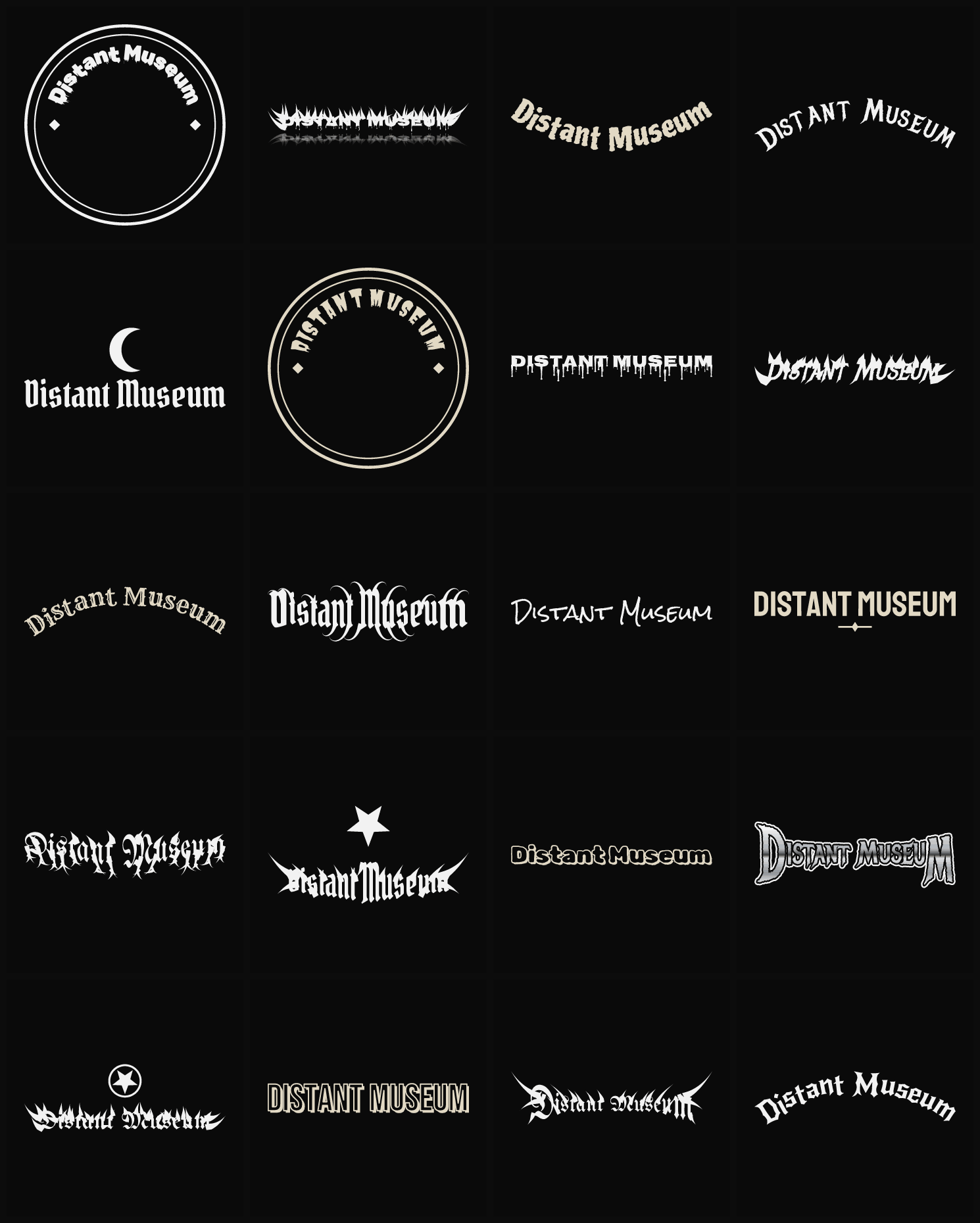Twenty Distant Museum band logo ideas — different faces, treatments and spike settings