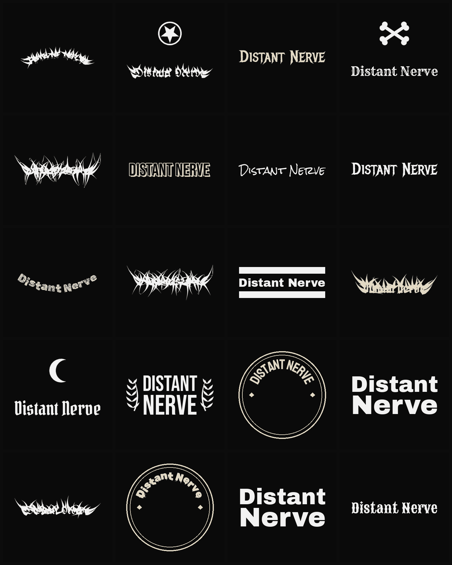 Twenty Distant Nerve band logo ideas — different faces, treatments and spike settings