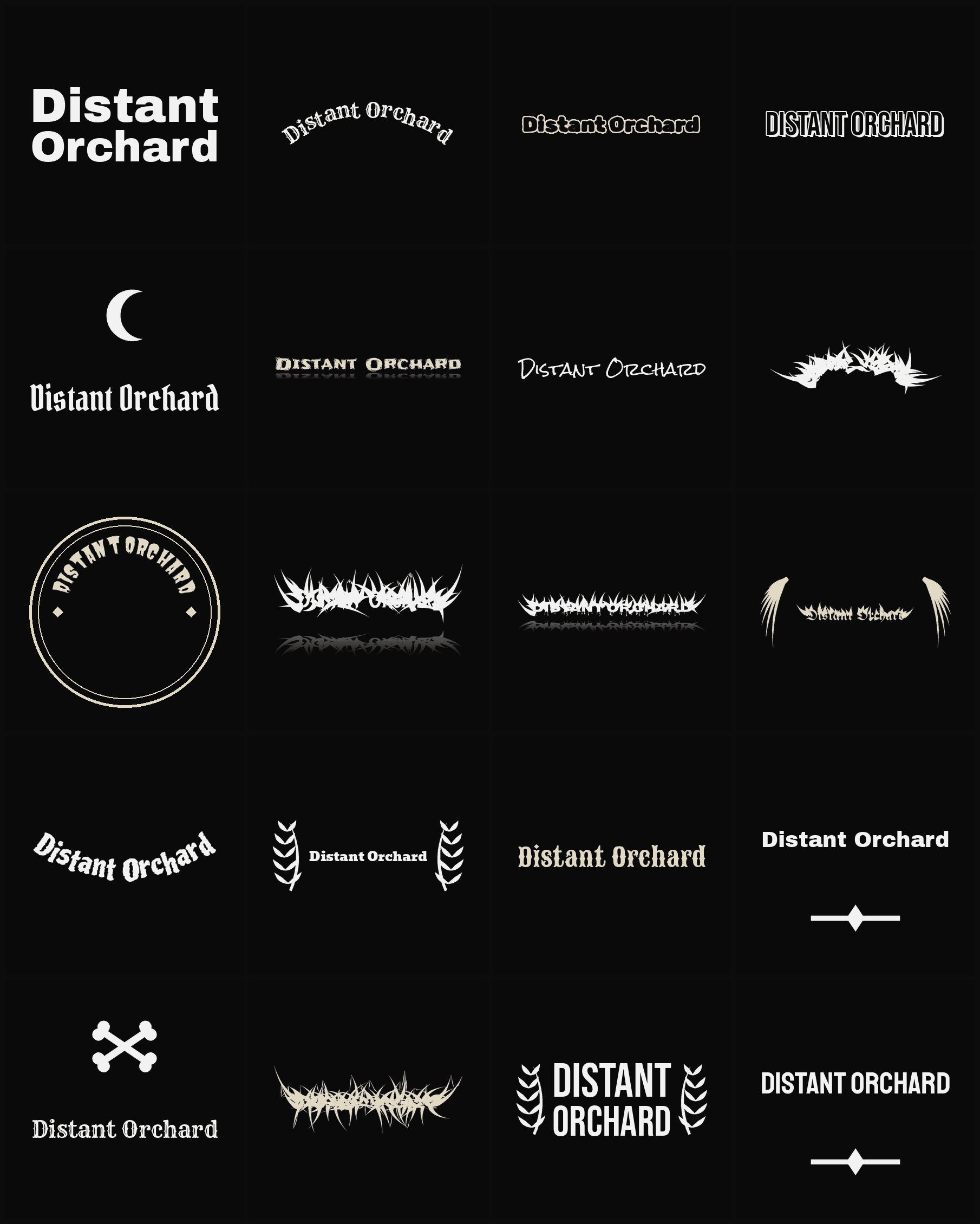 Twenty Distant Orchard band logo ideas — different faces, treatments and spike settings