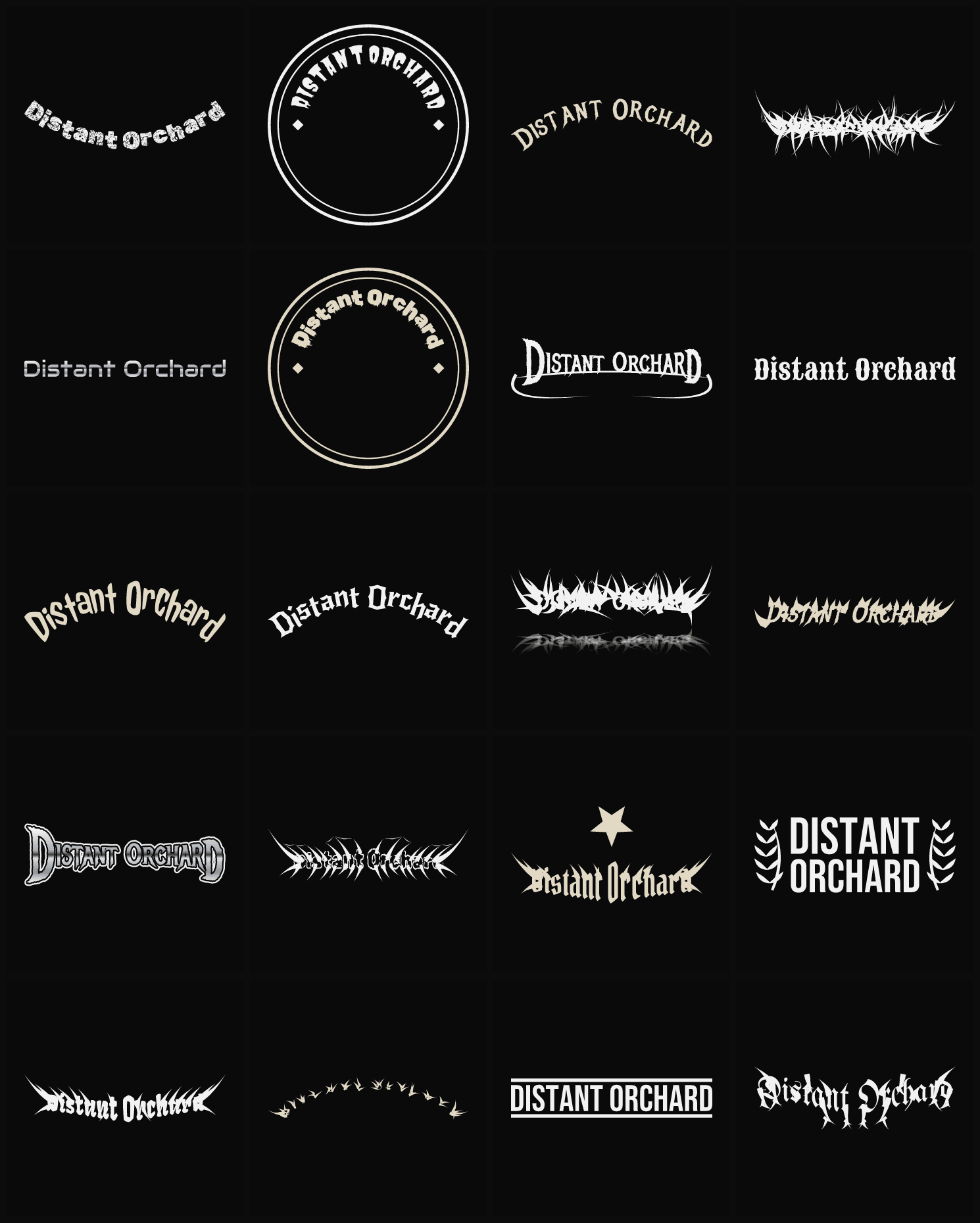 Twenty Distant Orchard band logo ideas — different faces, treatments and spike settings