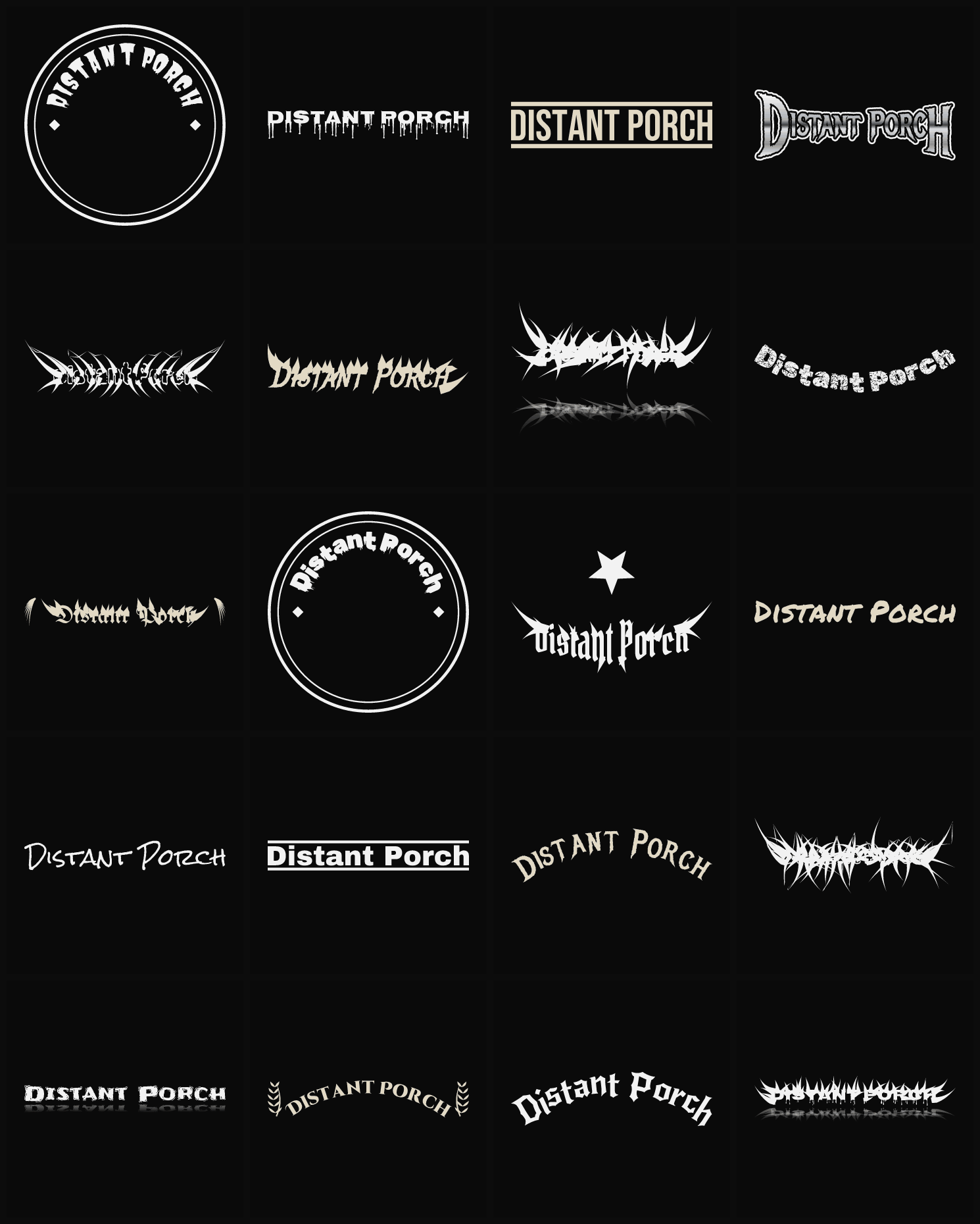 Twenty Distant Porch band logo ideas — different faces, treatments and spike settings