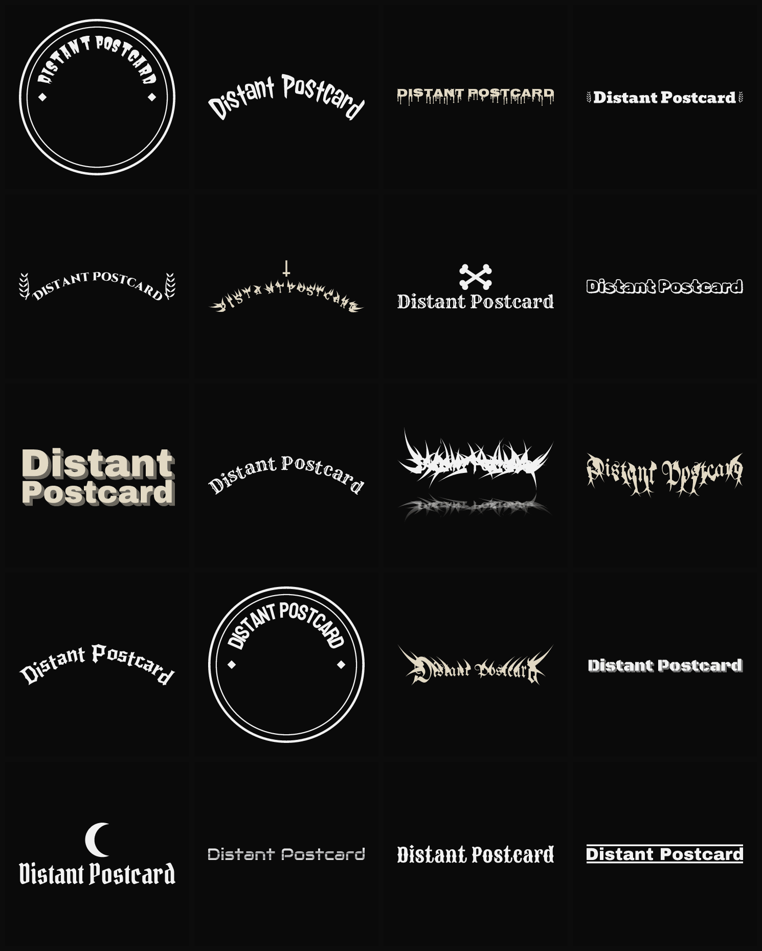 Twenty Distant Postcard band logo ideas — different faces, treatments and spike settings