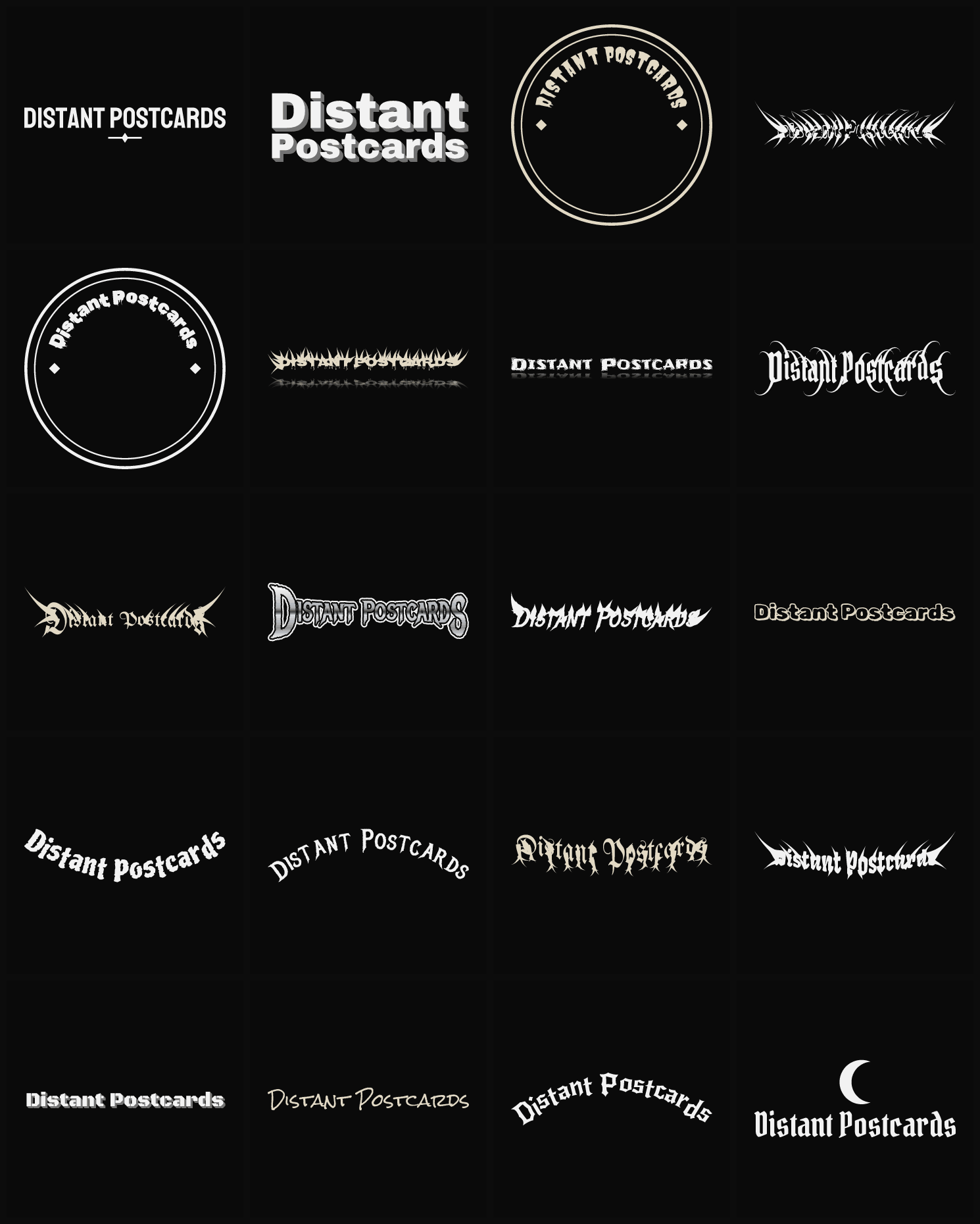 Twenty Distant Postcards band logo ideas — different faces, treatments and spike settings