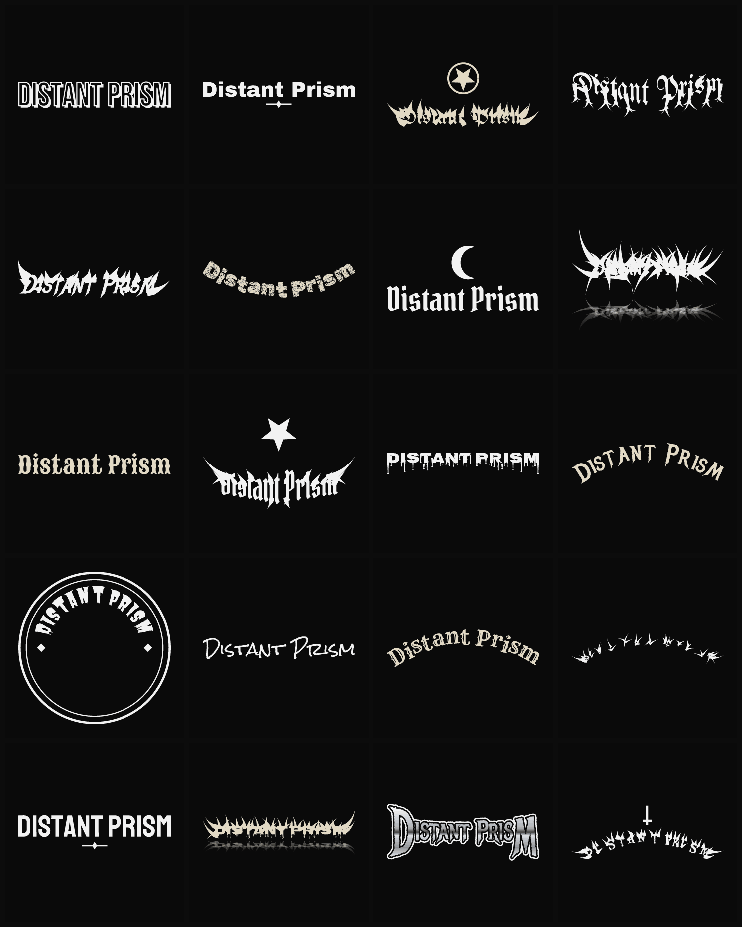 Twenty Distant Prism band logo ideas — different faces, treatments and spike settings
