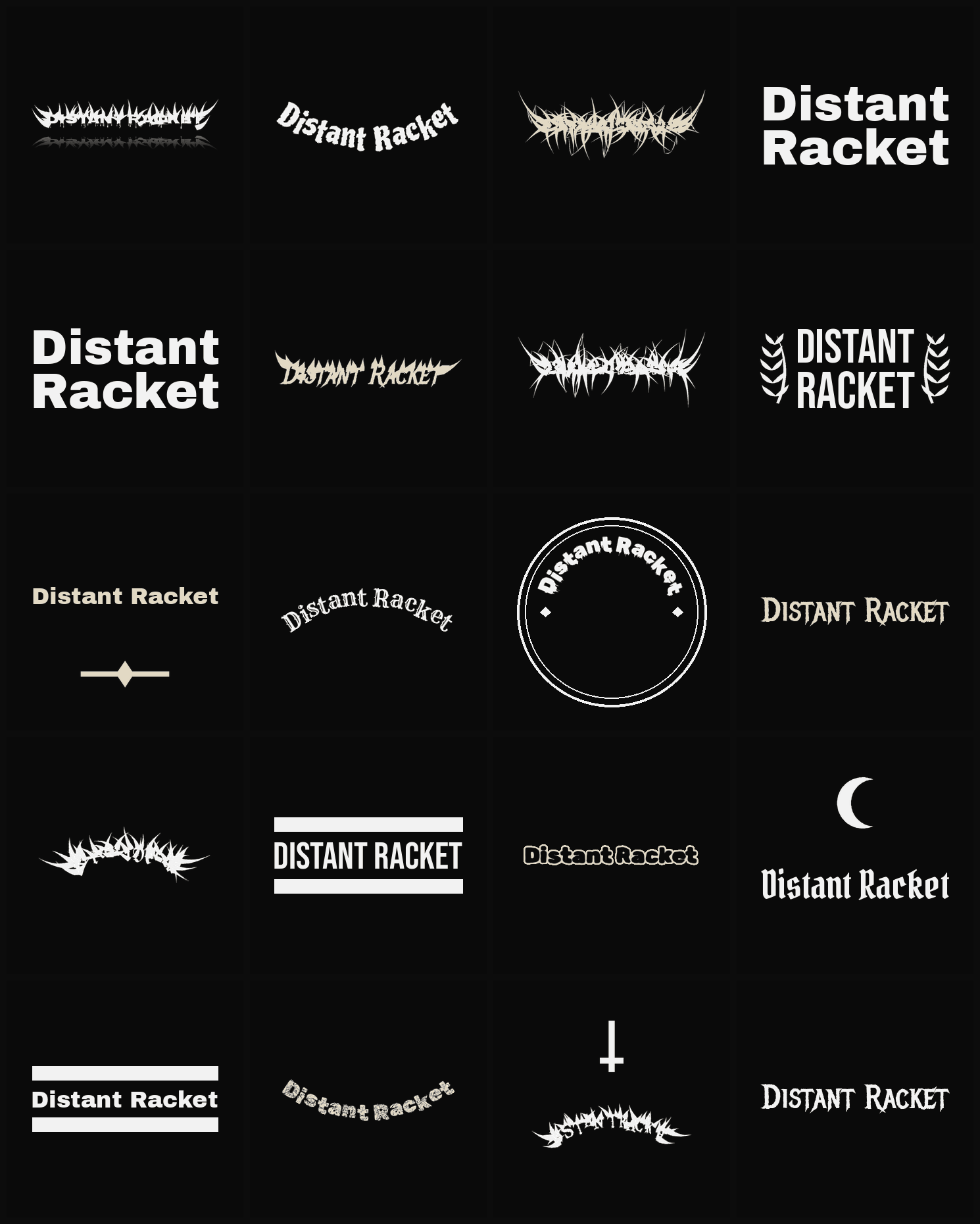 Twenty Distant Racket band logo ideas — different faces, treatments and spike settings