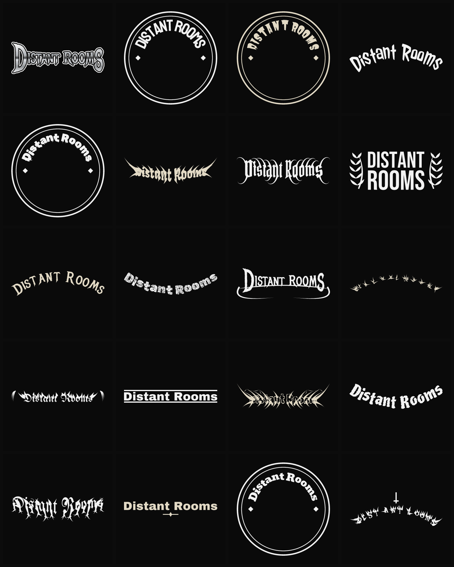 Twenty Distant Rooms band logo ideas — different faces, treatments and spike settings