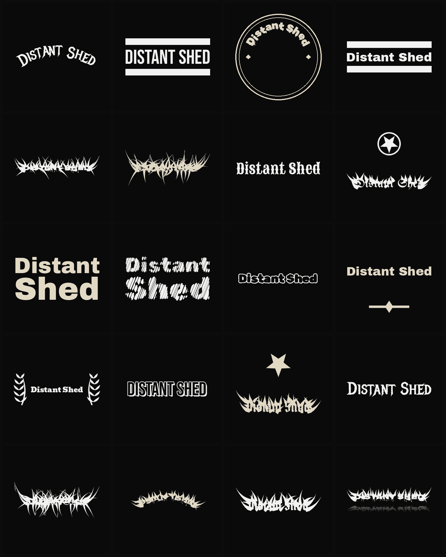 Twenty Distant Shed band logo ideas — different faces, treatments and spike settings