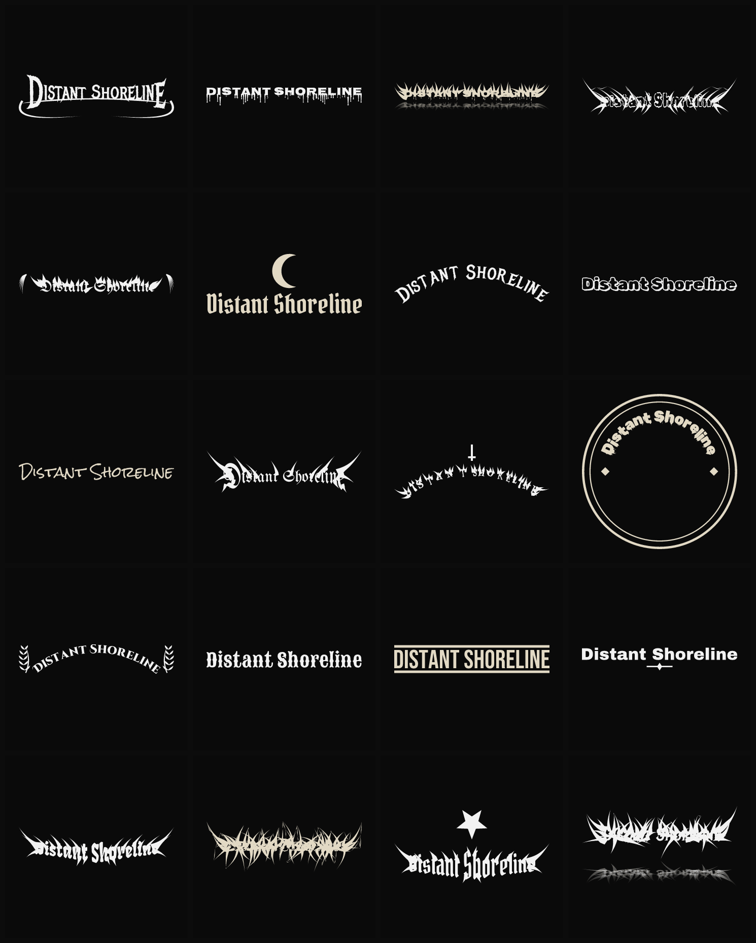 Twenty Distant Shoreline band logo ideas — different faces, treatments and spike settings