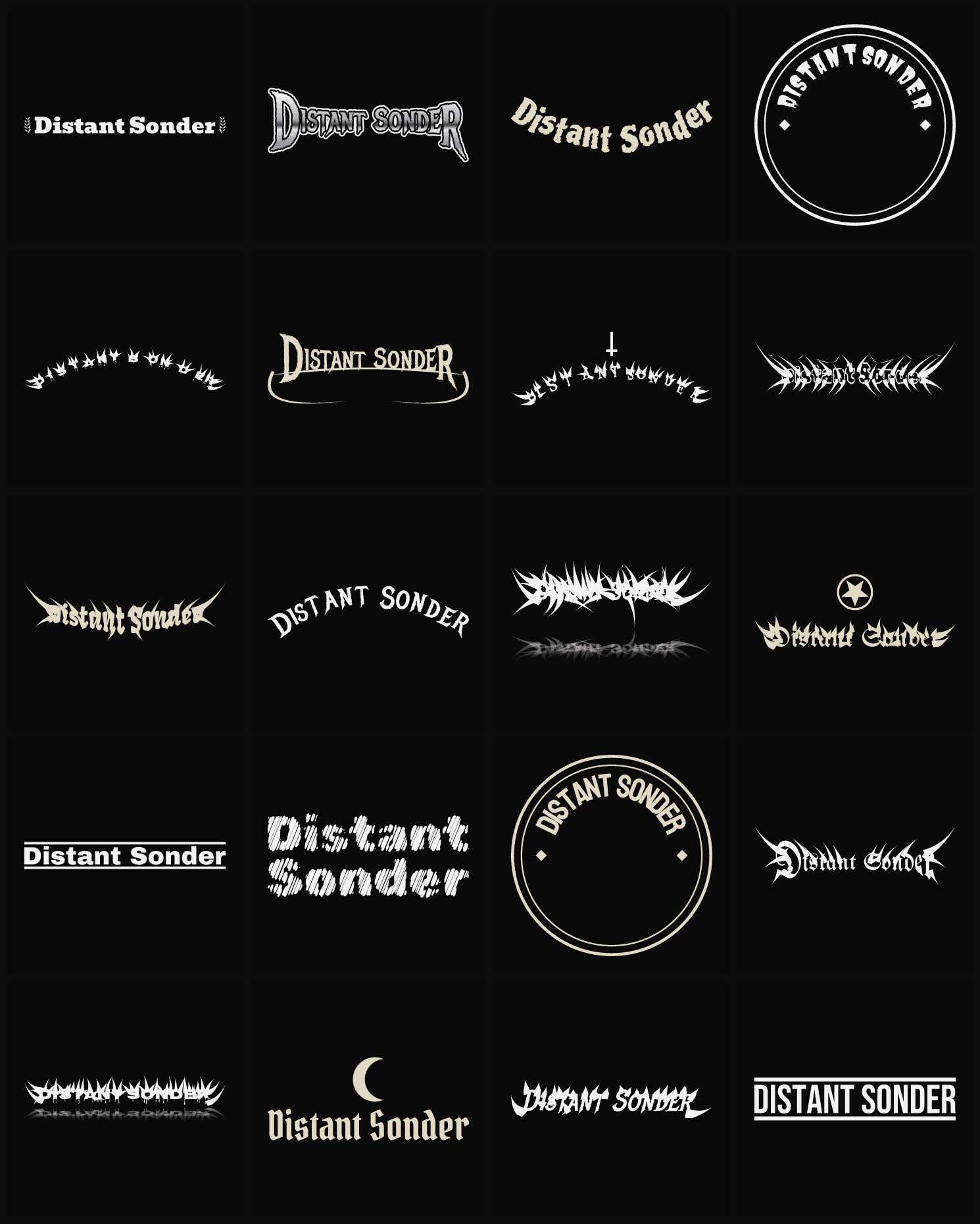 Twenty Distant Sonder band logo ideas — different faces, treatments and spike settings
