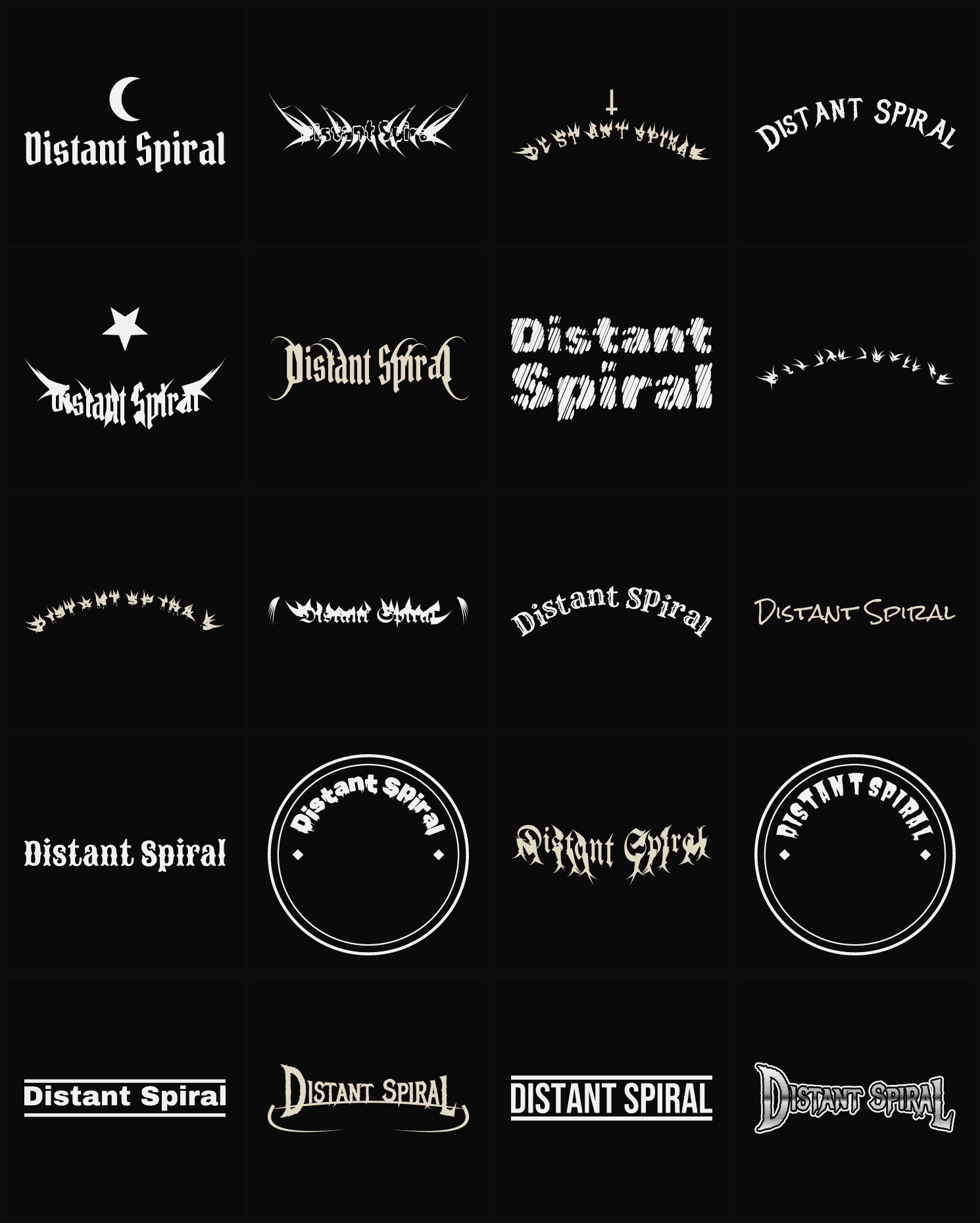 Twenty Distant Spiral band logo ideas — different faces, treatments and spike settings