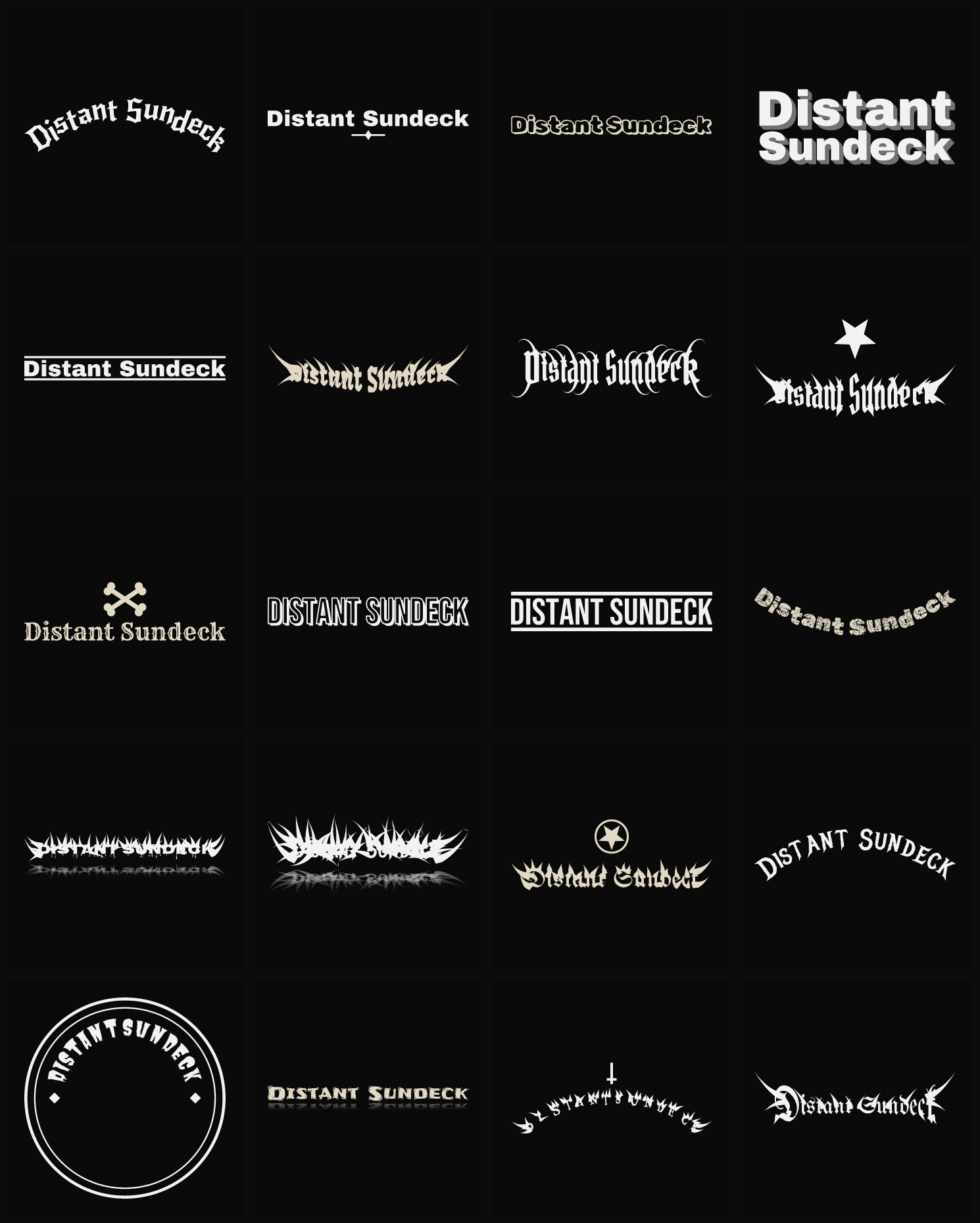 Twenty Distant Sundeck band logo ideas — different faces, treatments and spike settings