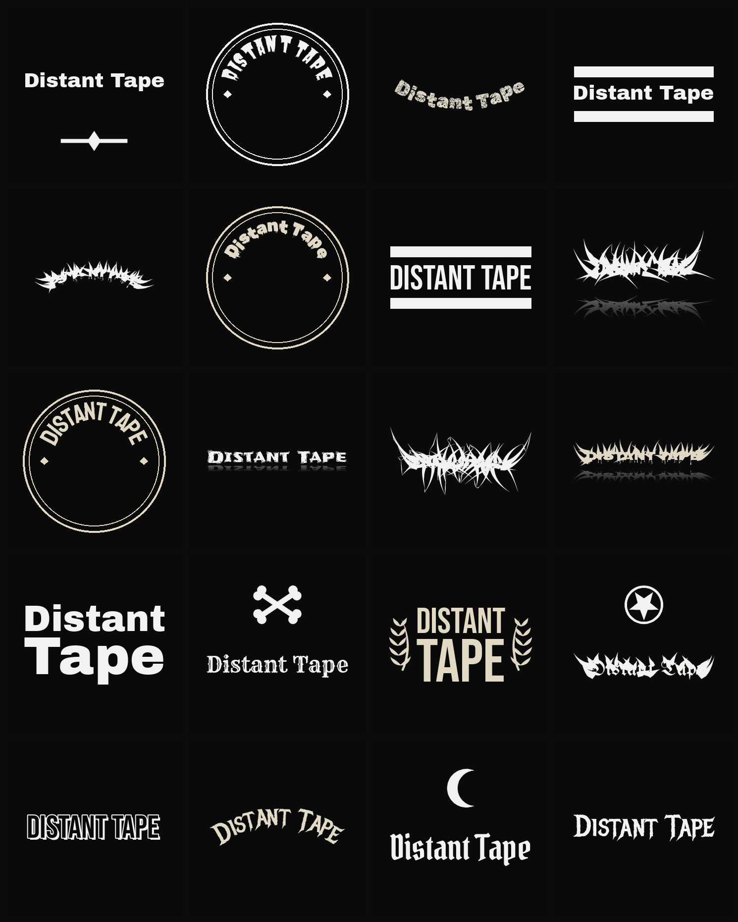 Twenty Distant Tape band logo ideas — different faces, treatments and spike settings