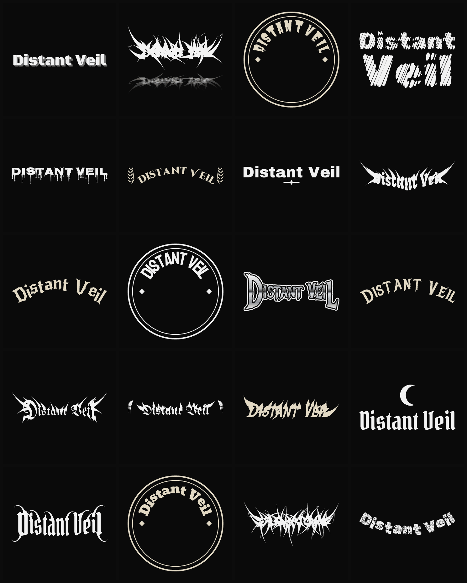 Twenty Distant Veil band logo ideas — different faces, treatments and spike settings