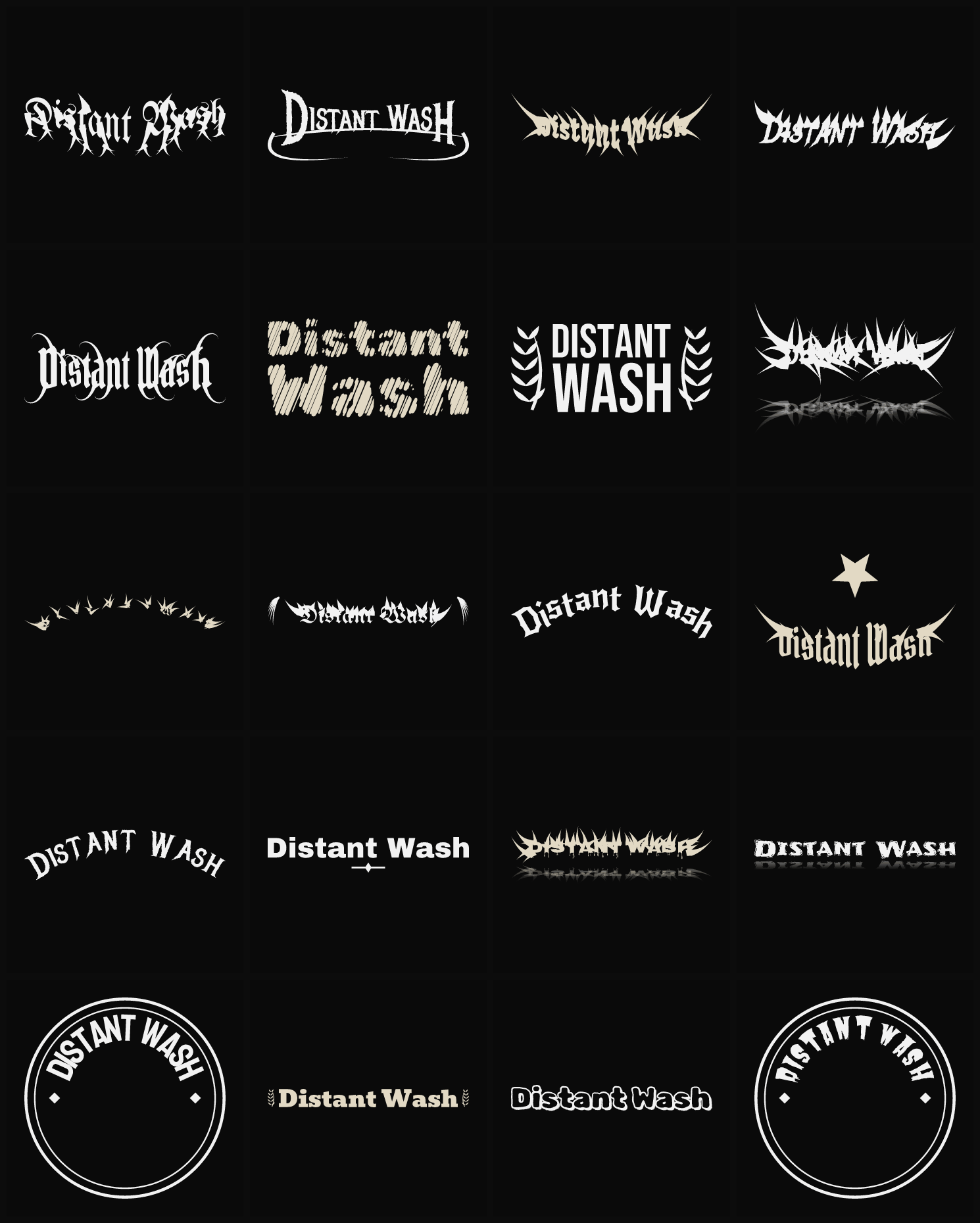 Twenty Distant Wash band logo ideas — different faces, treatments and spike settings