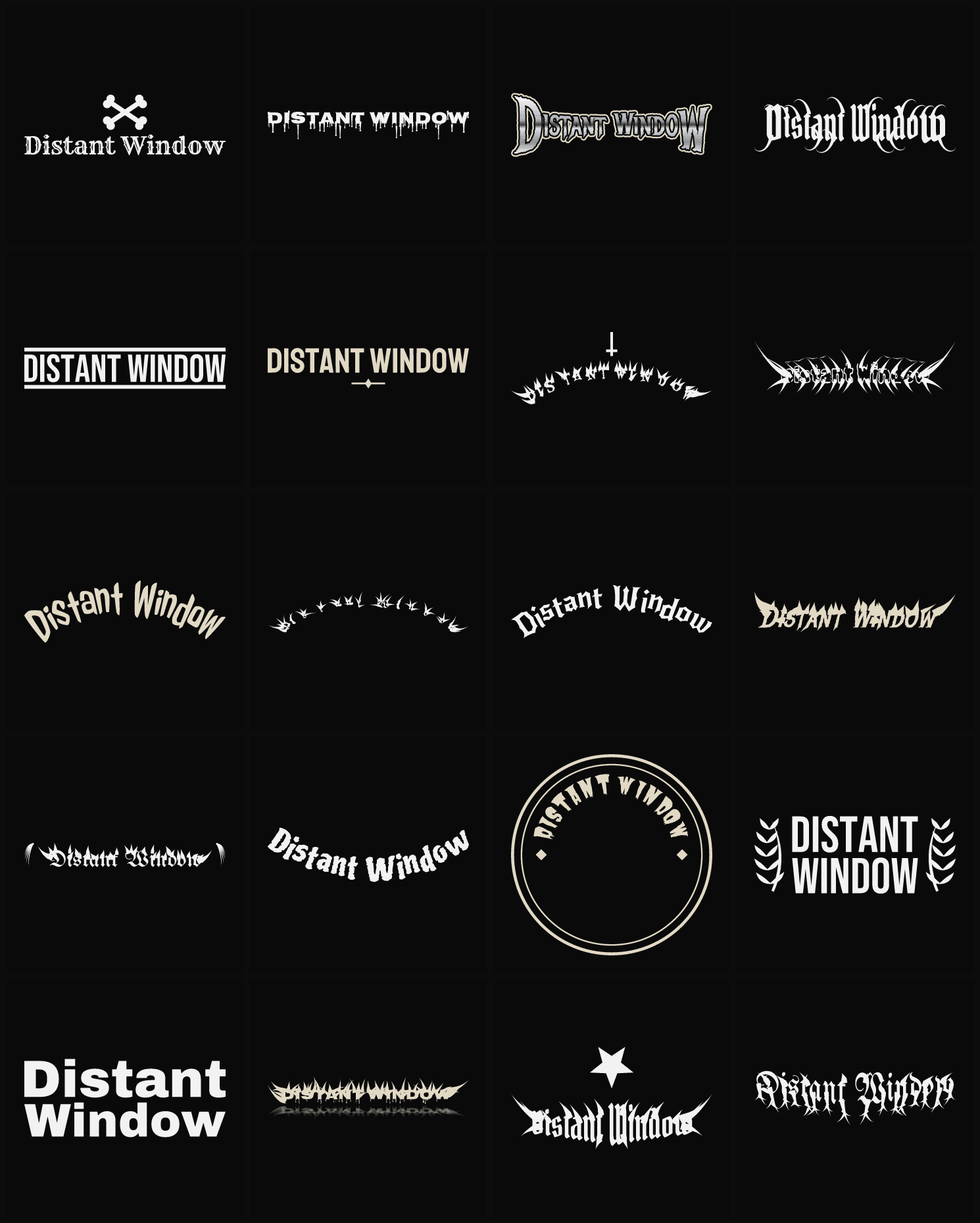 Twenty Distant Window band logo ideas — different faces, treatments and spike settings