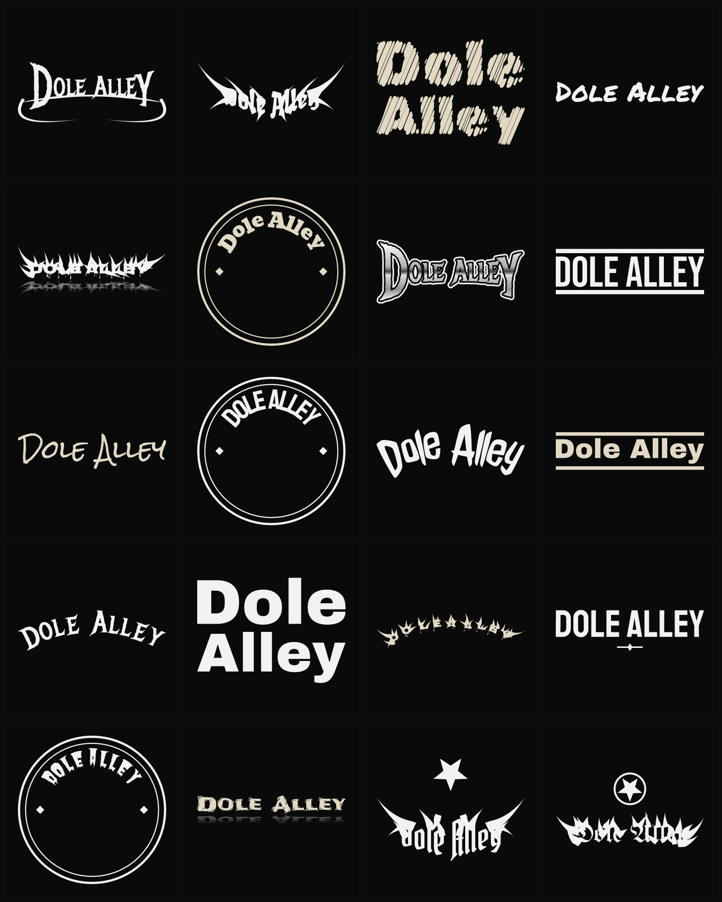 Twenty Dole Alley band logo ideas — different faces, treatments and spike settings