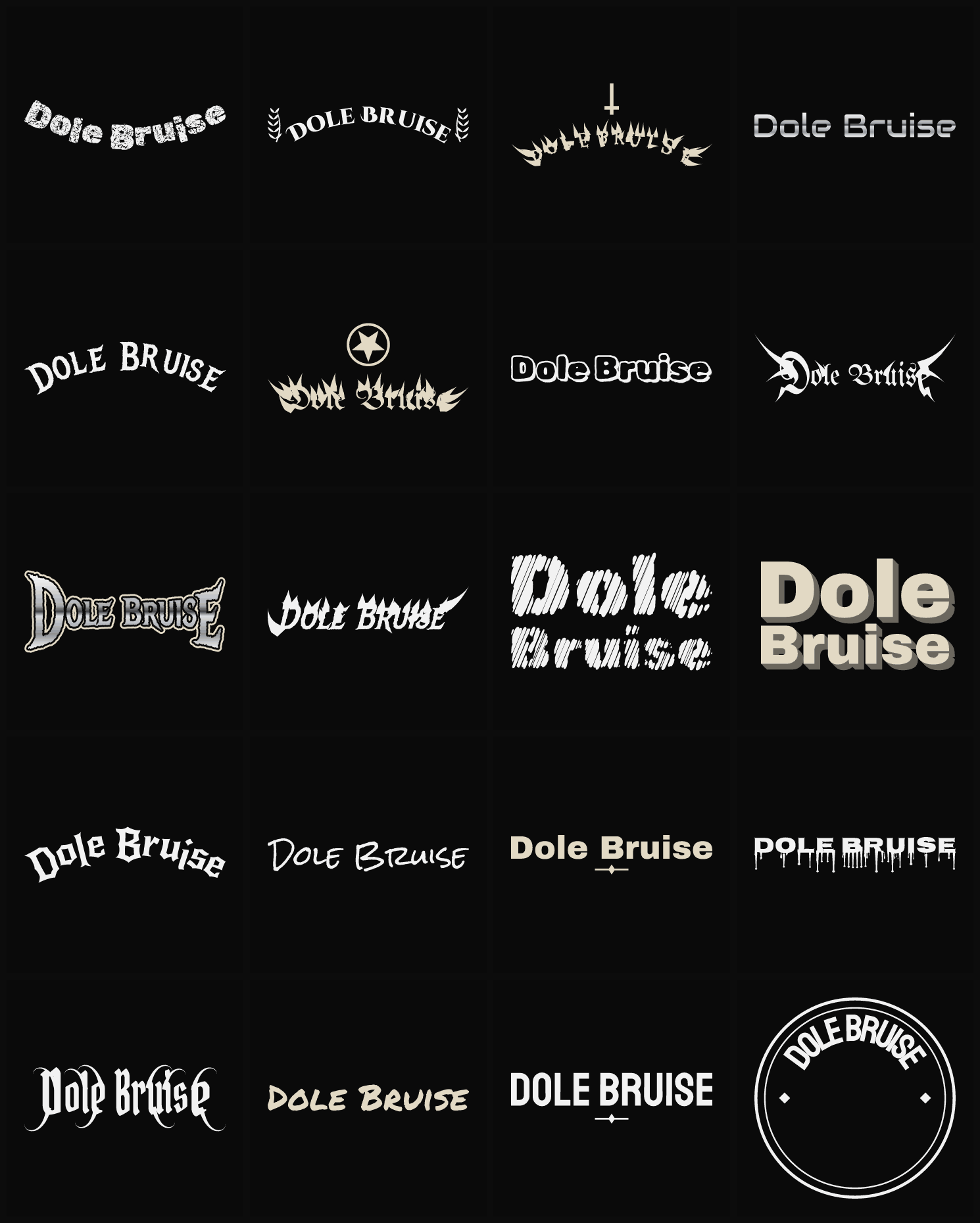 Twenty Dole Bruise band logo ideas — different faces, treatments and spike settings