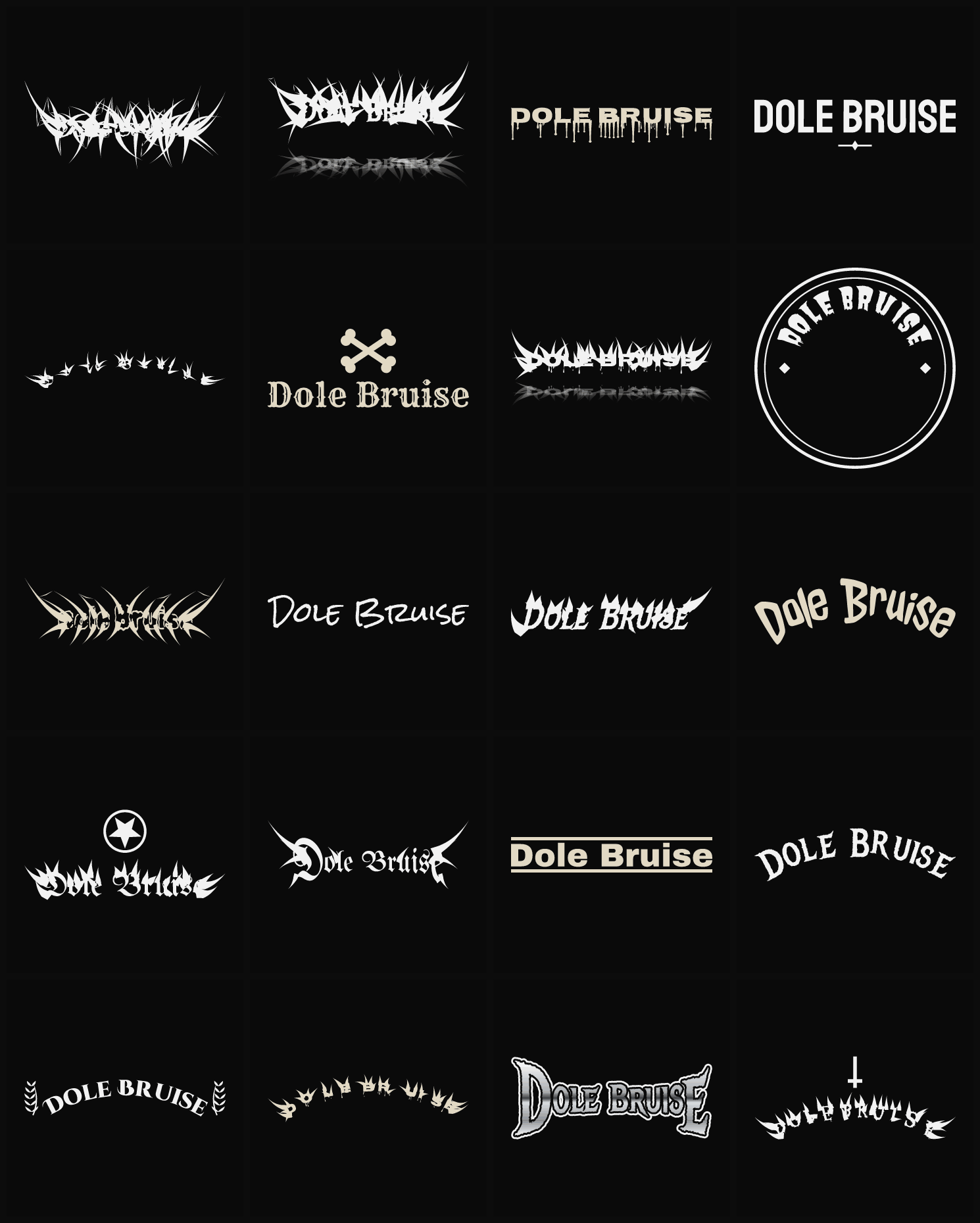 Twenty Dole Bruise band logo ideas — different faces, treatments and spike settings