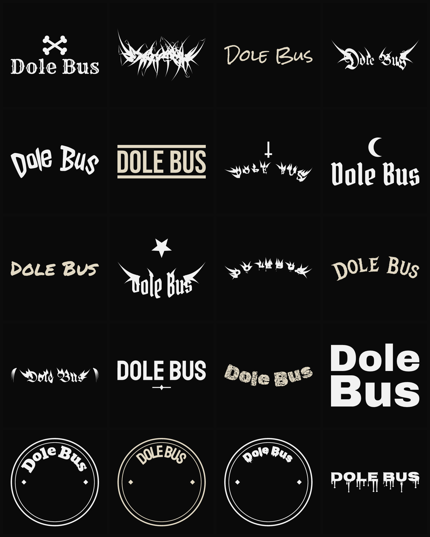 Twenty Dole Bus band logo ideas — different faces, treatments and spike settings
