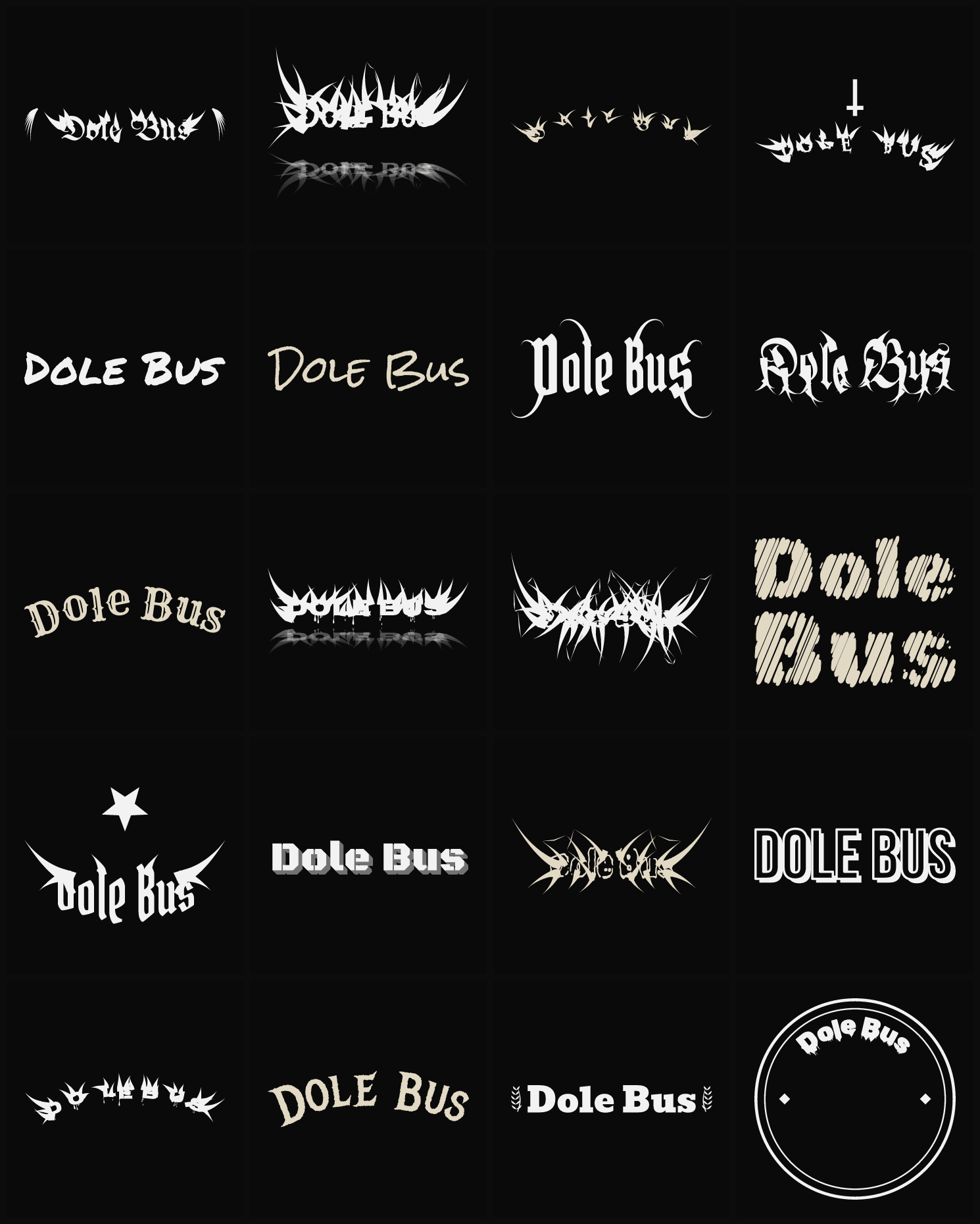 Twenty Dole Bus band logo ideas — different faces, treatments and spike settings